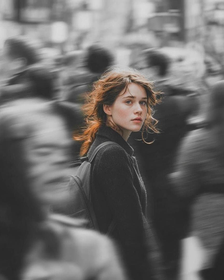 A cinematic street portrait of a young woman walking through a crowded city, with the subject perfectly sharp while the surrounding pedestrians are blurred using a dramatic panning motion effect. The entire image is monochrome black and white except for the woman's deep [Coat Color] wool coat, which remains the only vivid color in the scene. She glances back over her shoulder with a calm, thoughtful expression, loose wind-swept hair, soft natural makeup, and a minimalist shoulder bag. The busy urban background is filled with fast-moving commuters rendered as ghostly motion blur, emphasizing loneliness amidst the crowd. Soft overcast daylight, shallow depth of field, subtle film grain, realistic skin texture, cinematic contrast, emotional…