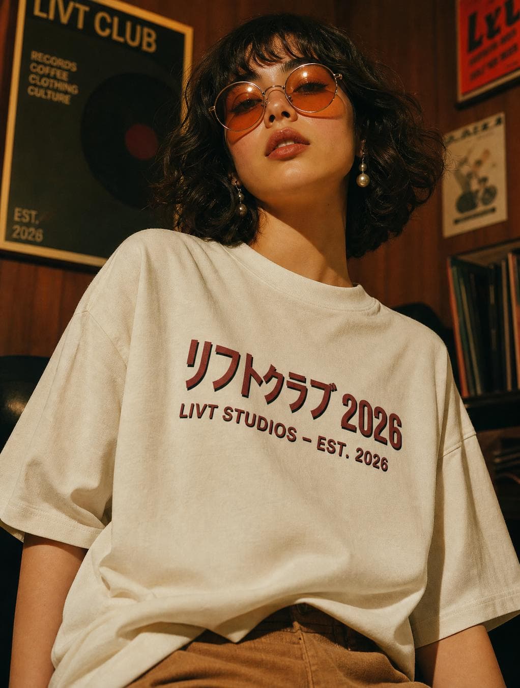 A cinematic fashion portrait of a young woman with a short wavy bob haircut and wispy bangs, wearing round orange-tinted sunglasses and pearl drop earrings. She is wearing an oversized vintage off-white (raw cream) heavyweight cotton t-shirt with a premium textured fabric (220–250gsm feel), featuring a centered chest screen-printed design in deep matte red with subtle black shadow layering. The print includes Japanese typography and “2026” aligned to the right, with “LIVT STUDIOS – EST. 2026” integrated below, fully embedded into the fabric with realistic plastisol ink interaction following the natural folds and tension of the shirt.The t-shirt replaces the previous outfit and fits relaxed, slightly draped, with natural wrinkles and soft structure. Styling is minimal to emphasize the garment. Soft glossy lips, natural makeup, wind gently moving her hair.Photographed from a low angle, shallow depth of field, ultra realistic, 85mm lens, f1.8. Warm vintage golden hour lighting with a subtle 1970s editorial tone, slightly muted…