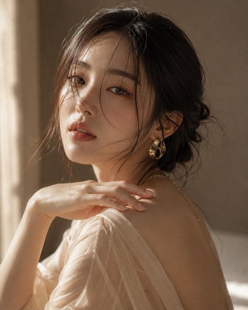 Ultra-realistic beauty portrait of a beautiful young Korean woman, soft luxury editorial fashion photography, warm golden-hour sunlight streaming through a window, dreamy cinematic atmosphere, luminous delicate skin texture, natural Korean makeup with soft peach-beige nude lips, subtly flushed cheeks, feathered brows, elegant almond-shaped eyes, a few loose face-framing strands gently covering part of her face, sophisticated low messy bun with a soft braided detail, oversized organic gold statement earrings, delicate gold pendant necklace, serene feminine expression. She is posed in a graceful three-quarter angle, shoulders slightly turned away from the camera while looking back over her shoulder, one hand resting softly on her collarbone and the other lightly touching her shoulder. She wears a sheer ivory organza blouse draped elegantly off one shoulder, creating a romantic and timeless aesthetic. Soft natural shadows…