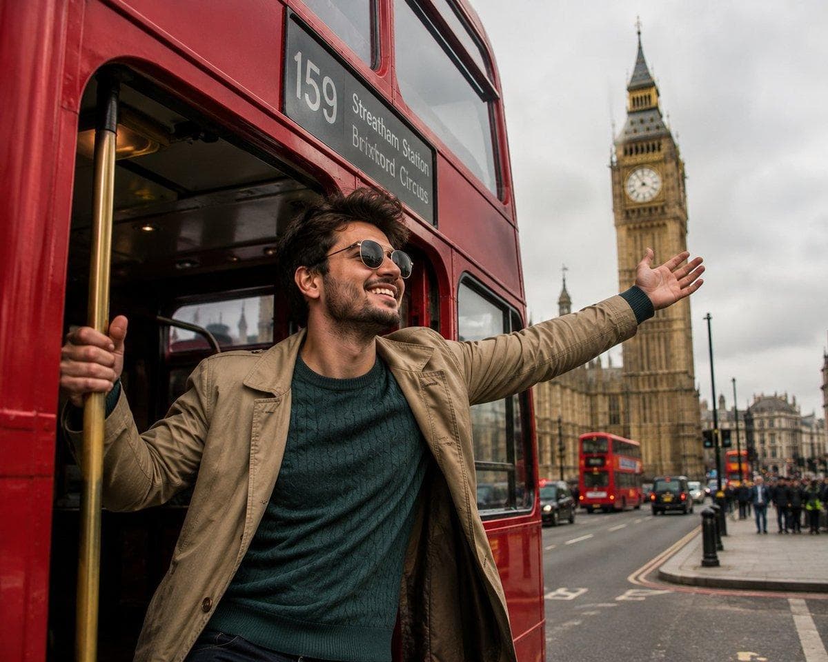 A highly realistic cinematic travel photograph of a cheerful young man with a unique face enjoying the view from the open doorway of a classic red London double-decker bus. He is wearing round sunglasses, a beige casual jacket, dark green knitted sweater, blue jeans, and casual shoes. He is smiling naturally while holding the brass handrail with one hand and extending his other arm outward, enjoying the atmosphere of London. The scene takes place in central London, England, with Big Ben and the Palace of Westminster clearly visible in the background. Busy London street with iconic red double-decker buses, black taxis, pedestrians, traffic lights, historic architecture, and…