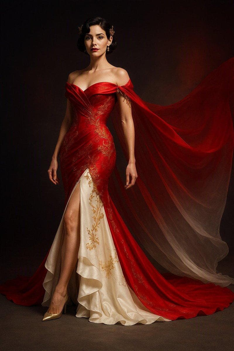 Ultra-realistic cinematic fashion editorial, full-body shot of a high-fashion model standing confidently in a dramatic studio set inspired by Indonesian Independence Day. The model wears an exquisite couture gown themed “Scarlet Freedom”. The gown features a structured mermaid silhouette with a dramatic cathedral train flowing behind like a waving Indonesian flag. The color composition follows the Indonesian flag: the upper bodice is bold crimson red, symbolizing courage, while the lower skirt and train are pure ivory white, symbolizing purity. The corset bodice is deep crimson red with sculpted drapery resembling folded flag fabric, combined with an asymmetrical off-shoulder design. The skirt transitions into soft ivory white satin with luxurious layered ruffles and a bold thigh-high slit, creating an elegant contrast from red to white. Intricate gold embroidery is delicately placed across the gown, inspired by Garuda wings and subtle batik parang motifs, executed in a refined haute couture style. Additional symbolic detail includes broken chain embellishments subtly integrated into the waist design, representing freedom and independence. The gown is enhanced with a sheer flowing cape that starts in rich red at the shoulders and gradually fades into white toward the hem, creating a “flag in motion” effect. Fabric textures include silk satin, organza, and illusion tulle, highly detailed and luxurious. The model has an elegant short wavy dark bob hairstyle, porcelain skin, sharp facial features, and a powerful, confident expression. Makeup is soft glam with bold red lips. Accessories include a delicate…