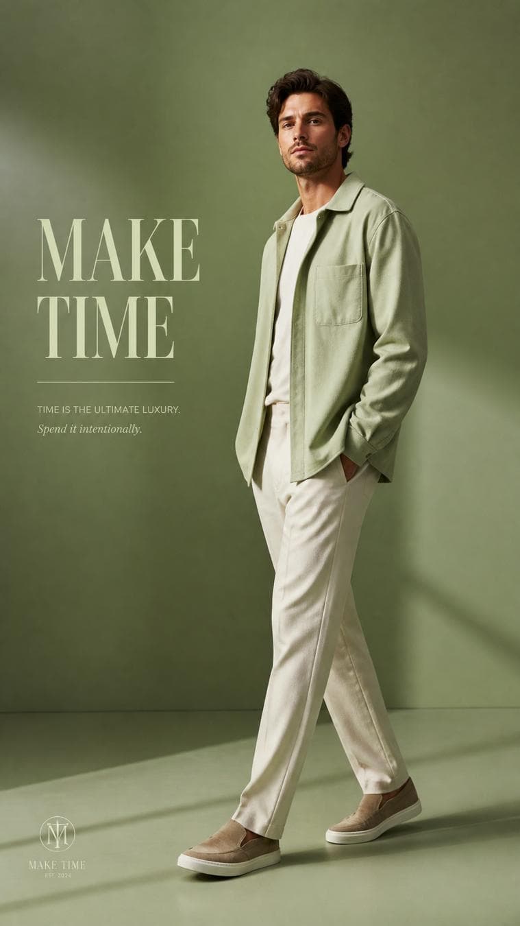 Premium editorial portrait. Main Subject: Male model wearing a pale pistachio overshirt. Pose: One foot slightly forward creating a relaxed stance. Camera: Low eye-level…