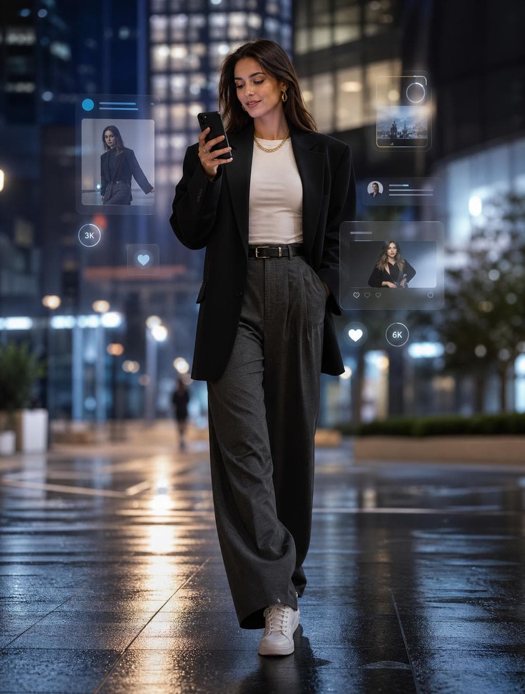 Ultra-realistic high-fashion editorial portrait of a beautiful adult woman (20+), standing in a modern futuristic city at night. She has refined natural beauty, glowing skin, soft elegant facial features, and a confident calm expression while looking at her smartphone as if engaging with a social media feed.Outfit: modern luxury fashion streetwear — oversized tailored black blazer with structured shoulders, sleek white fitted top, high-waisted wide-leg trousers in charcoal gray, minimalist designer belt, subtle gold jewelry, and premium clean sneakers or elegant heels. Sophisticated, minimal, and runway-inspired styling.Scene: upscale urban night environment with modern glass architecture, soft reflections on wet pavement, luxury city vibe, and blurred cinematic bokeh lights. Clean, premium atmosphere — not crowded, not chaotic.Digital social media presence is suggested through minimal floating holographic UI elements: soft translucent profile cards, abstract post tiles, gentle notification dots, and elegant reaction icons in cool blue and white tones — subtle and integrated into the environment.Lighting: cinematic fashion lighting with soft cool tones and natural skin warmth, balanced contrast, gentle rim light, professional HDR color grading, no harsh neon.Composition: fashion editorial full-body or three-quarter shot, slight low-angle perspective, subject centered with strong presence, natural walking or mid-step pose for motion elegance, smartphone interaction as…