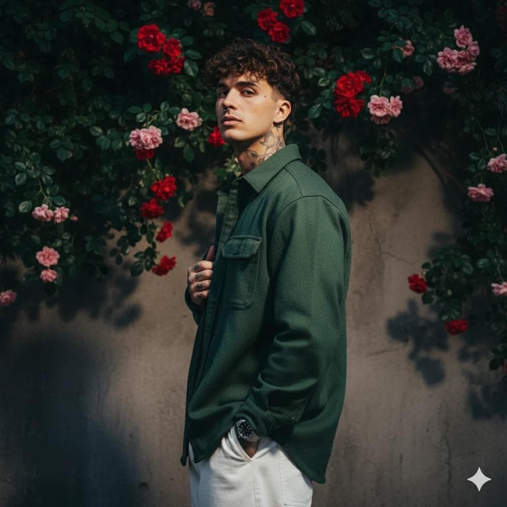 Create a realistic dark green portrait cinematic image with dramatic bold attitude and confidence actions of a young man (refrence image given)with wearing an oversized dark green shirt with the top buttons undone stylish. white baggy pants, watch is left hand, curly hair, sharp jawline,bright light…