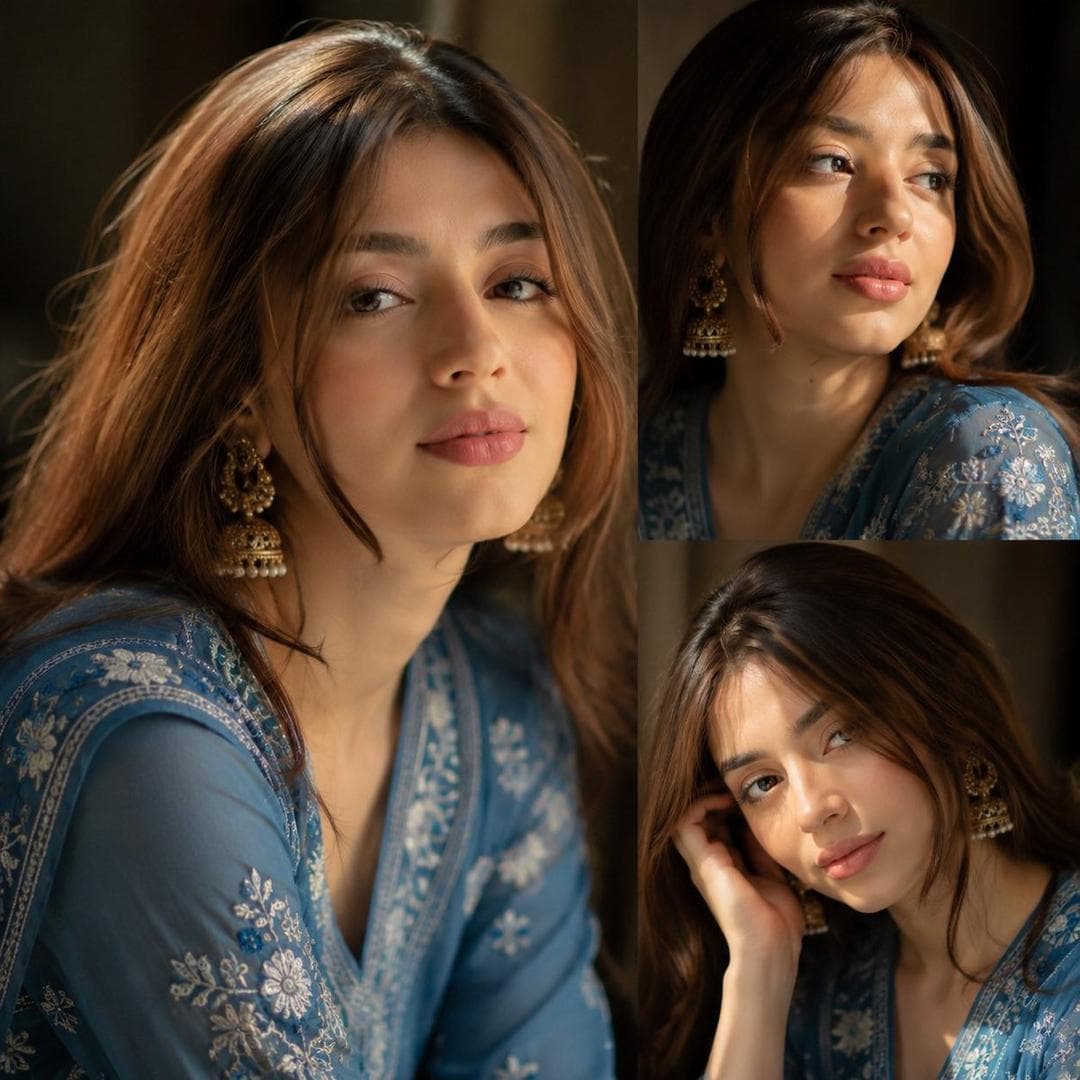 Ultra-realistic South Asian female portrait collage, three-photo layout, beautiful young woman with soft fair skin, long silky dark brown hair, natural makeup, glossy pink lips, expressive brown eyes, delicate facial features, wearing a powder-blue embroidered traditional kurta with intricate white floral threadwork, ornate gold jhumka earrings, warm cinematic golden-hour lighting, shallow depth of field, creamy bokeh background, elegant indoor setting, soft window light, photorealistic skin texture, high-end fashion photography, intimate close-up composition, dreamy mood, luxury editorial style, 85mm lens, f/1.4, ultra detailed, sharp focus on eyes, natural color grading, HDR, 8K…