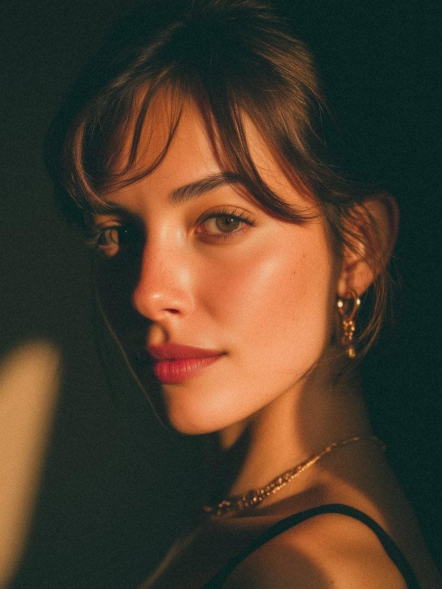 An ultra-realistic cinematic close-up portrait of a beautiful young woman, photographed from a three-quarter profile while gently looking back toward the camera. She has fair porcelain skin with a natural satin glow, subtle freckles across the nose, soft rosy cheeks, full natural pink lips, hazel-green almond-shaped eyes with long eyelashes, and thick, well-groomed dark eyebrows. Her dark brown hair is tied into a low bun with soft wispy curtain bangs framing her face. She wears delicate gold hoop earrings with small heart charms, a thin layered gold necklace, and a minimalist black spaghetti-strap top. The scene is illuminated by warm golden-hour sunlight streaming through a window, creating dramatic bands of light and shadow across her face and shoulder. Rich amber tones, soft falloff, and moody low-key lighting produce an intimate editorial atmosphere. The background is dark, clean, and out of focus with creamy bokeh, emphasizing the subject’s…