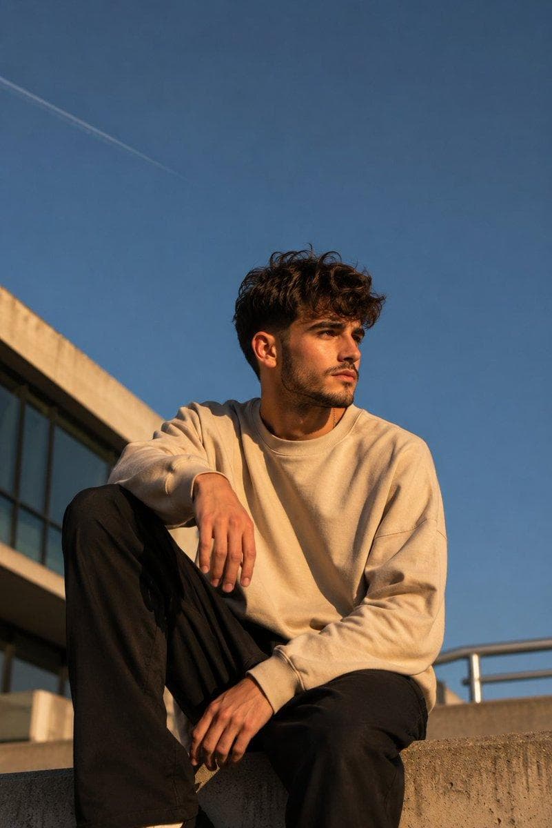 Create a cinematic lifestyle portrait of a stylish young man sitting casually on the edge of a modern concrete rooftop during golden hour. The camera is positioned at a low angle, emphasizing the expansive sky while making the subject appear confident and effortlessly cool. The subject sits with one knee raised and the other leg hanging naturally. One hand rests casually on the raised knee while the other relaxes near his thigh. His head is turned to the right, gazing into the distance with a calm, thoughtful expression. His face is illuminated by warm late afternoon sunlight, creating soft highlights across the cheekbones and jawline. He has naturally messy, medium-length dark brown hair with textured volume and loose strands falling across the forehead. He wears an oversized beige crewneck sweatshirt with relaxed sleeves paired with loose black trousers, creating a clean minimalist streetwear look. The background features a deep blue cloudless sky occupying nearly seventy percent of the composition. A faint airplane contrail crosses the upper left corner. On the left side, a modern concrete building with large glass windows enters the frame, while a blurred metal railing appears on the lower right, adding…