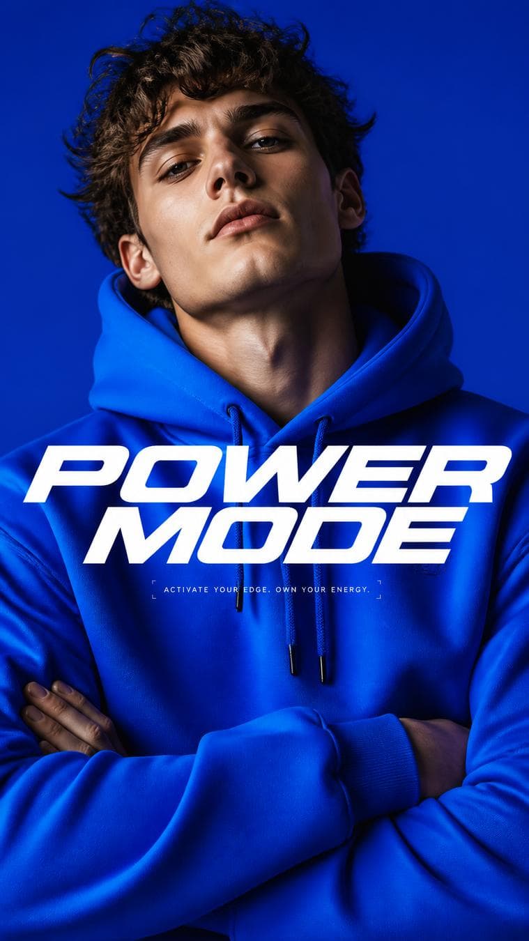 Premium editorial campaign. Main Subject: Male model wearing a vivid electric-blue hoodie. Pose: Slight forward lean with crossed arms. Camera: Tight chest portrait…