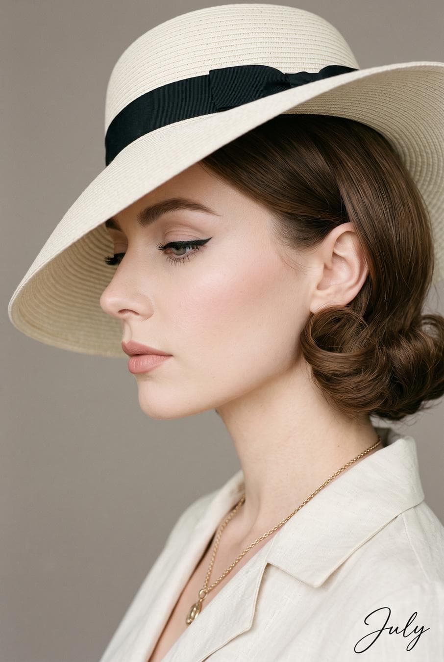 An extreme close-up beauty portrait of a 1960s-style woman with a dramatic side-tilted cream sunhat partially shading her face. Her hair is styled in a perfectly sculpted brown retro bob. Flawless porcelain skin, soft pink blush, defined winged eyeliner, and satin nude lips. Studio…