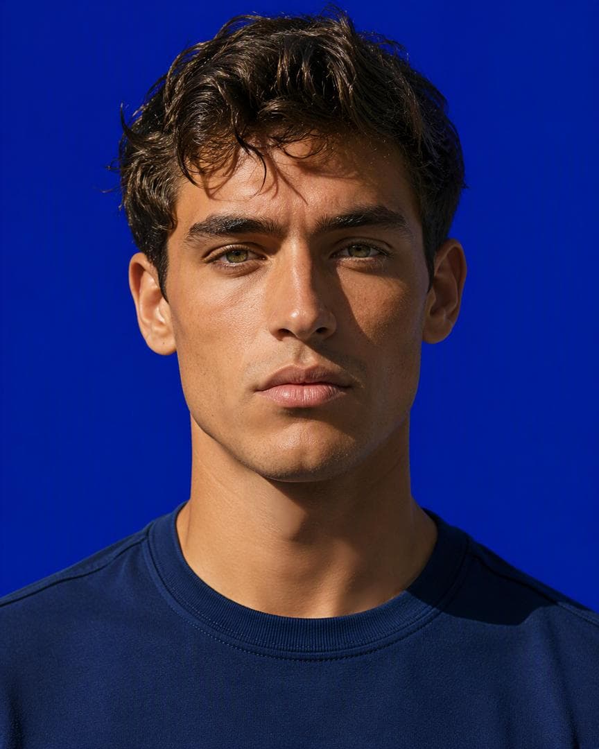 SUBJECT: a young man facing forward, sharp photorealistic detail, natural confident expression.BACKGROUND: bold saturated deep sapphire blue, completely flat and monochrome.COMPOSITION: portrait fills 70% of frame, strong graphic design feel.LIGHTING: natural side-lit daylight creating subtle depth on face.STYLE: editorial…