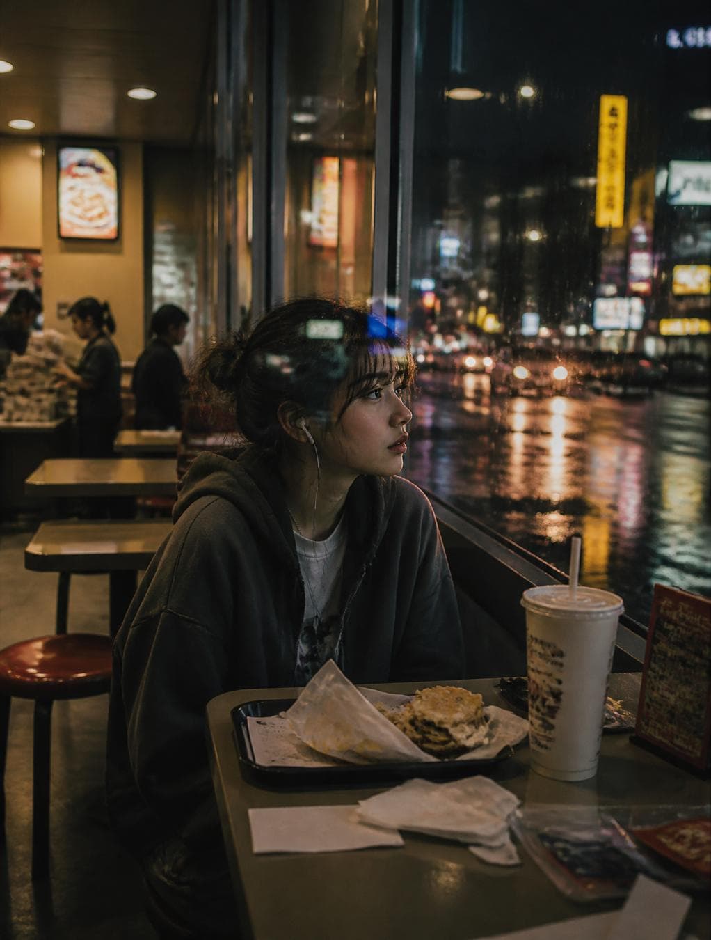 A young woman sitting alone inside a fast-food restaurant fifteen minutes before closing time.Most tables are empty. Employees quietly clean in the background. The large front windows reveal a rainy city street illuminated by neon signs and passing headlights.She sits beside the window with a half-finished meal and a cold drink. One earbud is in. Her expression is distant, as if she is replaying a memory she cannot quite let go of.Reflections from the glass overlap her face with the outside city lights, creating a dreamlike atmosphere while remaining completely realistic.No fantasy elements. No supernatural effects. No dramatic action.The image feels like a memory from someone's…