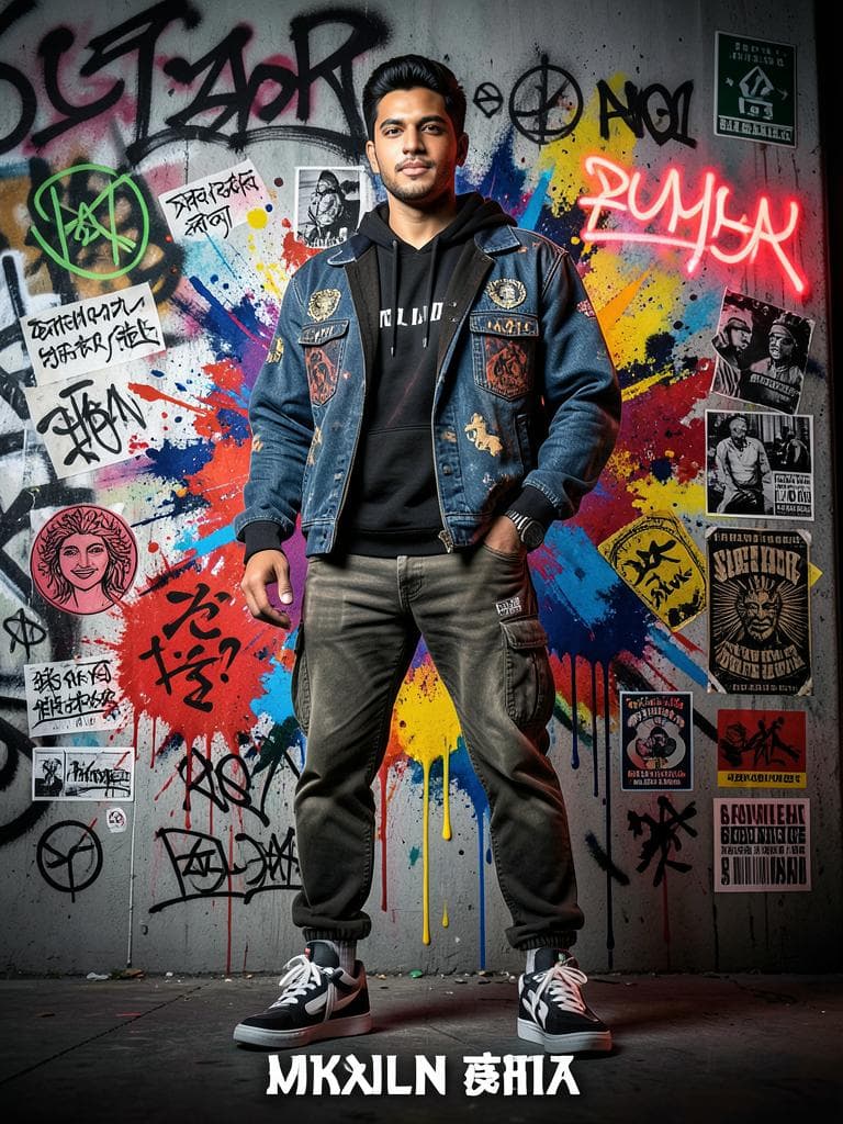 Create a high-detail portrait poster in a bold Japanese graffiti-inspired art style, combining modern urban street aesthetics with expressive Bengali visual culture. The poster should feature dynamic graffiti typography, layered spray-paint textures, hand-drawn symbols, abstract paint splashes, neon brush strokes, urban sticker elements, Japanese calligraphy accents, and decorative ornaments that strongly reinforce the energetic atmosphere of the design. The overall composition should feel artistic, rebellious, fashionable, and visually striking, while still maintaining a premium editorial poster quality instead of looking messy or overdone. Humanity somehow turned vandalism into luxury wall art. Impressive species. The subject must not replicate the exact pose or expression from the reference photo. Instead, create a completely new pose that feels natural, confident, and full of life. The expression should appear emotionally expressive, charismatic, and engaging, avoiding stiff, awkward, flat, or emotionless body language. The pose should reflect the elegance and sophistication commonly seen in international fashion models, with stylish posture, natural movement, and subtle attitude that enhances the overall cinematic fashion aesthetic. The outfit should feature contemporary stylish casual fashion with strong visual appeal. Avoid plain or repetitive clothing designs. Use fashionable layering, modern streetwear inspiration, premium casual styling, and a balanced combination of colors, patterns, textures, and fabric types that create a rich and non-monotonous appearance. The clothing should feel trendy, fashionable, youthful, and visually premium while still fitting naturally into the Japanese graffiti poster concept. The background and poster decorations should be filled with thematic urban Bengal-inspired visual elements such as graffiti walls, spray textures, painted…