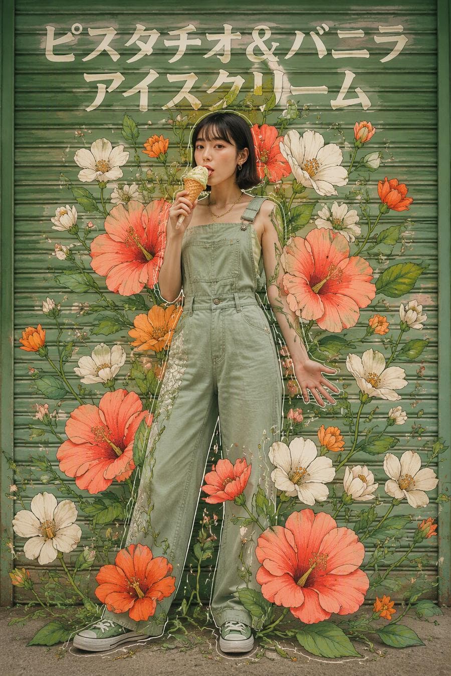 Fashion portrait of a Japanese girl eating ice cream in front of a green shutter with Japanese typography. Photorealistic subject combined with oversized illustrated flowers growing around and surrounding her body and face. Delicate hand-drawn petals, organic vines, bright coral, white, orange and green palette. Illustrated contours tracing the silhouette of the model. Refined sage-green denim overalls with premium tailoring, structured fit, visible denim texture, elegant stitching details, modern fashion-forward design, flattering silhouette, and contemporary streetwear styling. Modern magazine cover style, artistic mixed media, dreamy atmosphere, sophisticated composition…