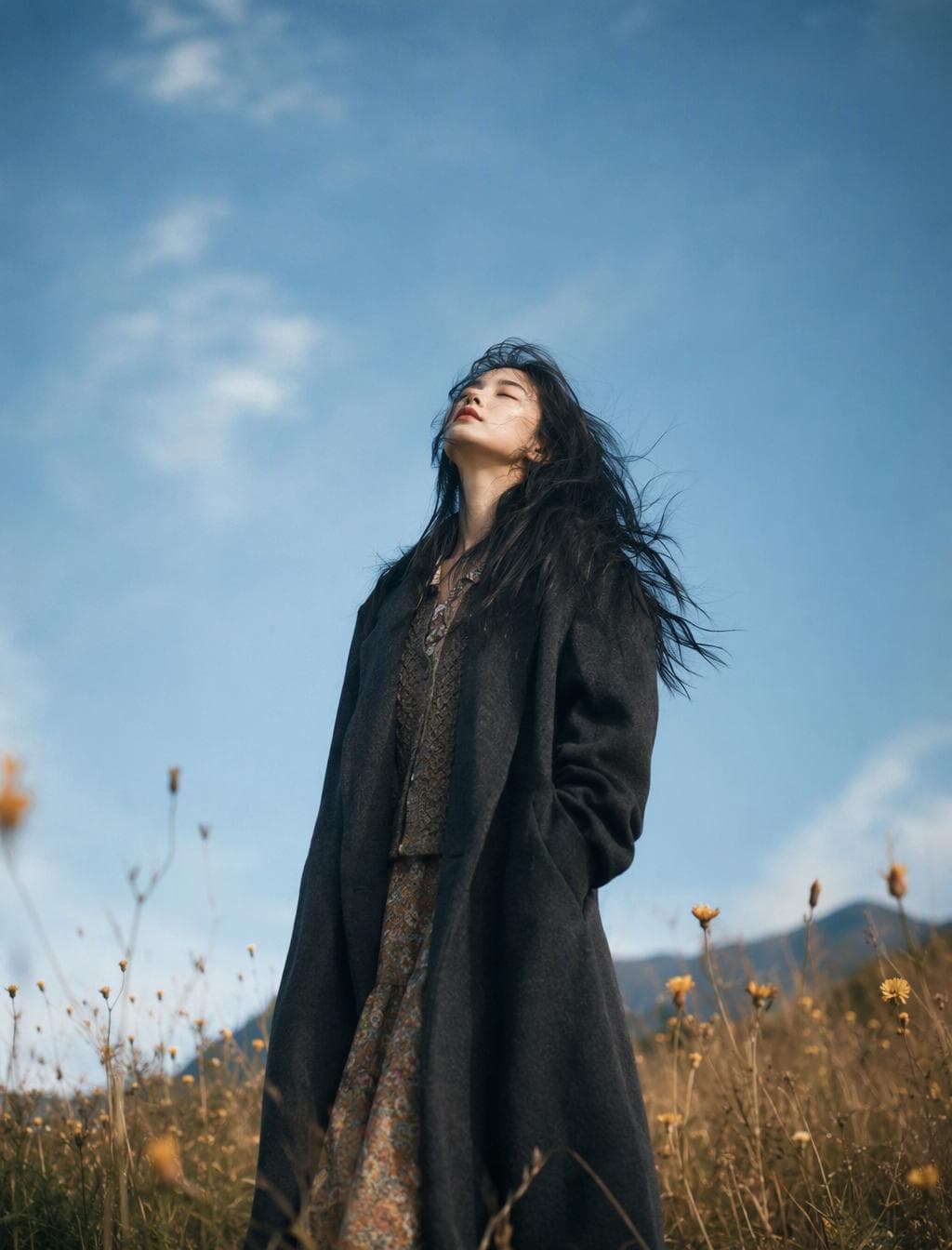 Cinematic minimalist portrait of a beautiful young East Asian woman standing alone in an open wildflower meadow beneath an endless blue sky, gazing upward with closed or half-open eyes as if embracing the wind. Long, naturally tousled black hair flowing freely across her face, soft porcelain skin, delicate features, subtle natural makeup, calm introspective expression. Wearing layered autumn fashion—a dark oversized wool coat over a knit sweater, vintage blouse, or a soft floral dress in muted earthy tones. Golden dry grass and wildflowers surround her, creating a peaceful countryside atmosphere. Captured from a low-angle perspective with abundant negative space and a vast sky filling most of the frame. Soft cinematic daylight, gentle breeze moving the hair and clothing naturally, dreamy color grading, warm earthy tones mixed with cool blue skies, subtle film grain, shallow depth of…