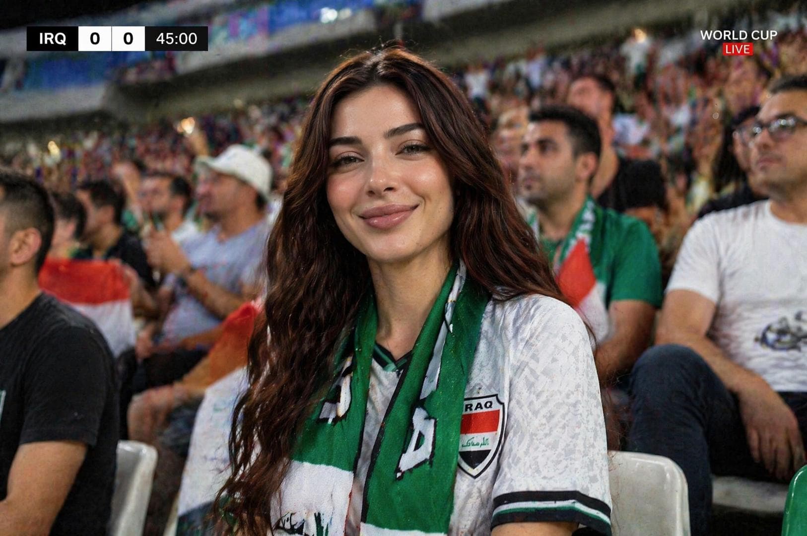 Subject and Action A candid waist-up portrait of a young [image1] woman sitting on a stadium chair in the stands of a packed World Cup stadium, wearing a contemporary Iraq national team jersey and a scarf. She is looking directly at the camera with a warm, genuine smile. Her expression conveys joy and excitement, capturing a quintessential moment of genuine sports fandom. Composition and Framing Captured with a 200mm telephoto lens to produce strong optical compression and a shallow depth of field, rendering the subject in sharp focus while softly blurring the chaotic sea of cheering fans, waving flags, and stadium architecture in the background. Vertical framing, documentary-style broadcast perspective, authentic stadium seating geometry. Lighting and Atmosphere High-intensity stadium floodlights providing crisp, directional highlights on the subject, balanced with subtle atmospheric haze and airborne dust particles. High dynamic range lighting consistent with premium 4K sports broadcasting. Realistic skin textures featuring visible pores, natural highlights, and authentic micro-imperfections. Broadcast Elements A clean, minimalist scoreboard graphic in the top-left corner displaying IRQ and match time, with a subtle WORLD CUP LIVE indicator in the top-right corner. The graphics utilize a professional broadcast aesthetic with a modern, legible sans-serif typeface, maintaining clear visual hierarchy. Visual Style Cinematic…