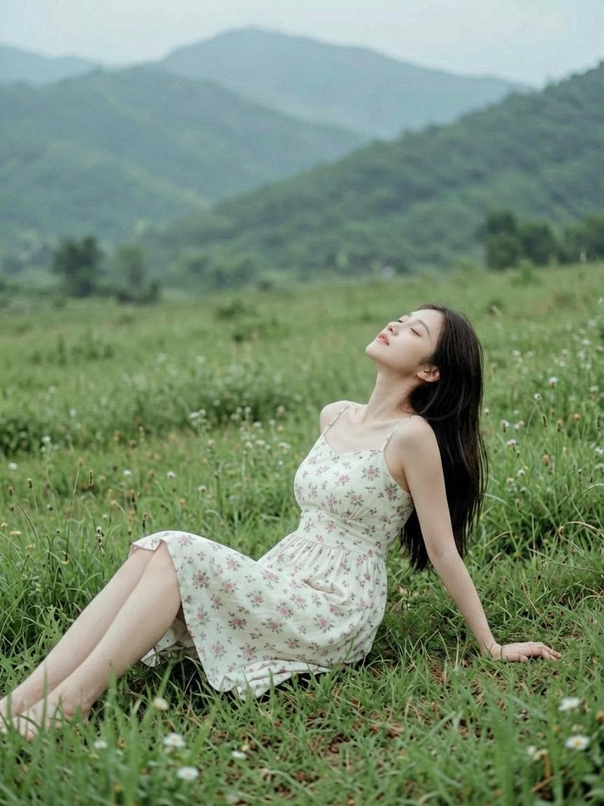 Create a serene and dreamy outdoor portrait of a young woman sitting in tall grass at the edge of a meadow with misty green hills in the background. She is wearing a light-colored knee length one piece dress with flowers on it similar to a summer dress style, giving a soft and romantic vibe. The woman is leaning back with one…