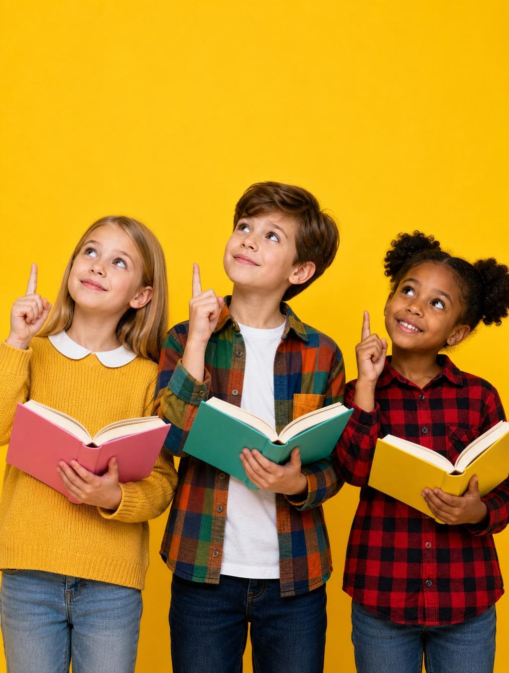 Three young children, a Caucasian girl on the left and a Caucasian boy in the center, both appearing around 7-9 years old, and a Black girl on the right, appearing around 6-8 years old, stand against a vibrant, solid yellow background. The girl on the left has long blonde hair, wears a yellow sweater with a white Peter Pan collar, and holds an open pink-bound book. The boy in the middle has brown hair styled neatly, wears a white t-shirt under a colorful plaid shirt with green, orange, blue, and brown squares, and holds an open teal-bound book. The Black girl on the right has dark curly hair in two puffs, wears a red and black plaid shirt, and holds an open yellow-bound book. All three children are positioned from the center to the right of the frame, facing slightly away from the viewer. Each child is looking upwards with a…
