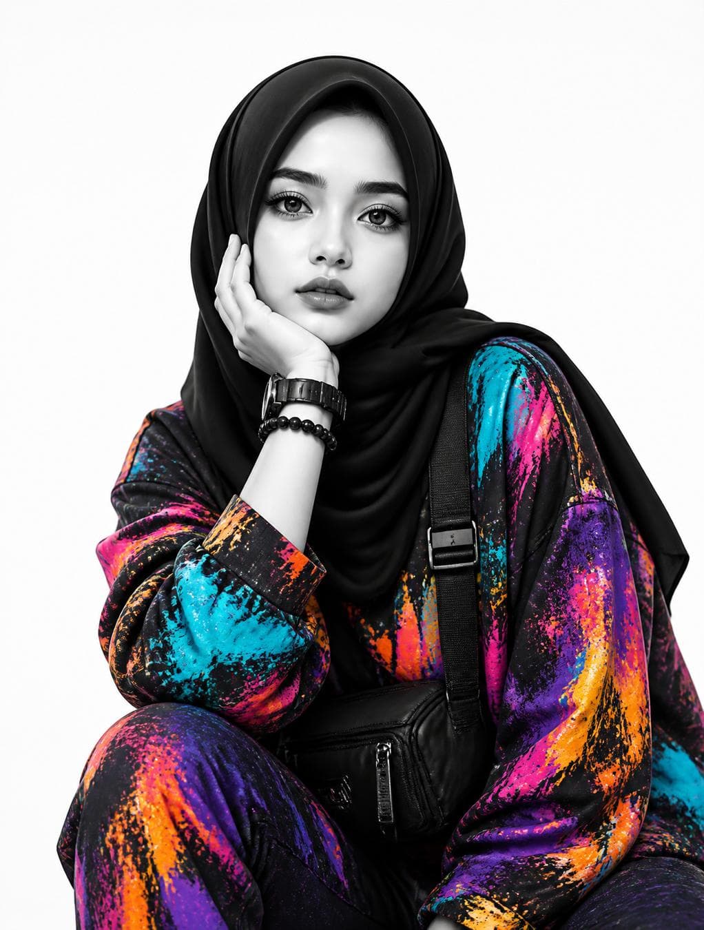 Transform the uploaded image into a premium monochrome fashion editorial portrait while preserving 100% of the original subject's facial identity, skin features, body proportions, pose, camera angle, composition, and recognizable expression. Maintain the original black hijab exactly as it is, preserving its shape, folds, texture, and draping without replacing it with a hood or altering its design. Convert the skin, face, hands, and body into rich grayscale with cinematic contrast while applying a selective color splash effect exclusively to the outer garment, transforming it into a vibrant multicolor abstract paint-splatter streetwear fabric featuring neon cyan, magenta, orange, purple, and yellow accents. Add subtle artistic paint streaks and minimal color marks on the clothing only, while keeping the face clean and elegant. Preserve the crossbody bag and accessories with…