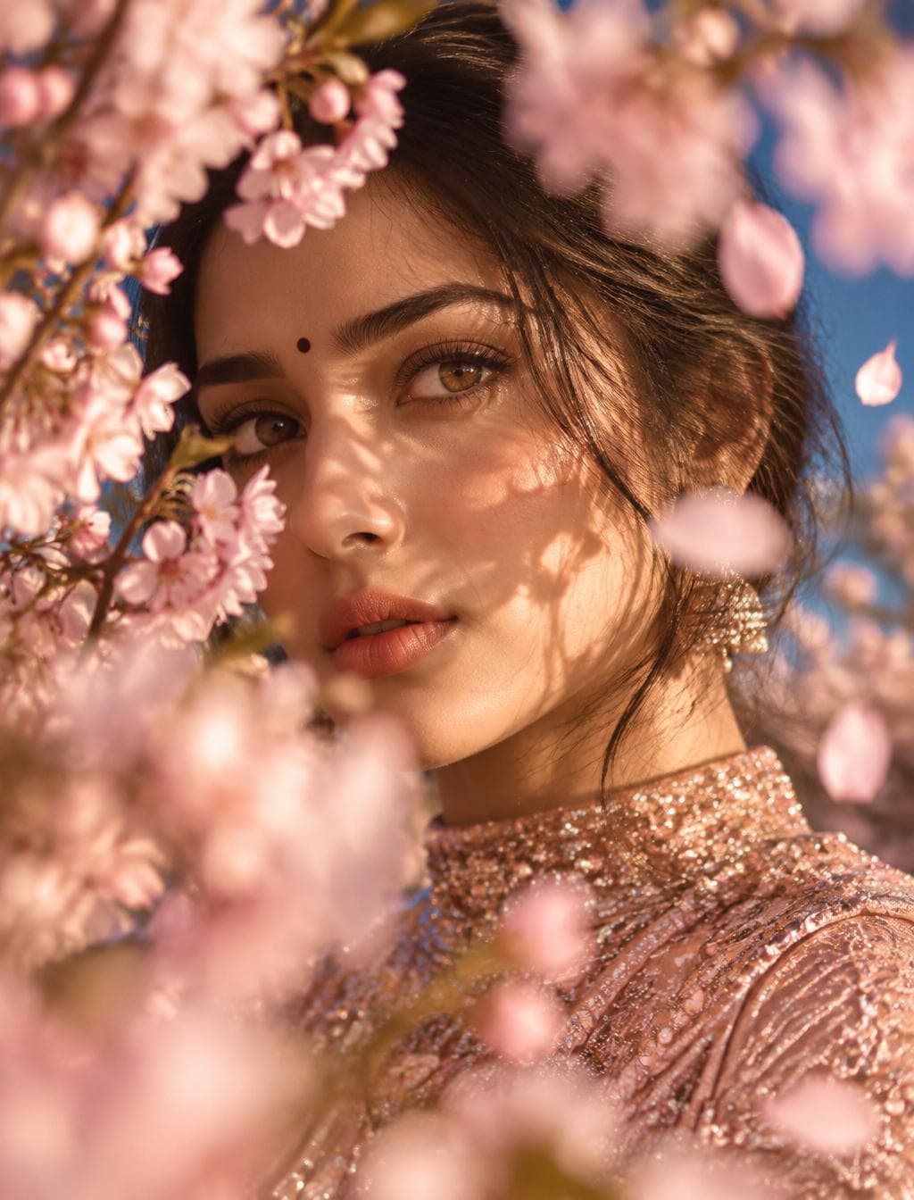 { "image_prompt": { edit the image attached ge "main_description": "Poetic cinematic close-up portrait of a young woman with bindi partially obscured by soft pink blossoms and petals in the foreground.", "subject_details": { "appearance": "Young woman, expressive honey eyes, calm introspective expression, natural beauty", "skin_texture": "Ultra-realistic skin texture", "apparel": "Shimmering rose-gold high-neck dress that catches warm sunlight" }, "composition_and_framing": { "framing": "Close-up, face in sharp focus through gaps in the flowers", "foreground": "Soft pink blossoms and petals, soft blur", "background": "Deep blue sky, creamy bokeh", "depth": "Shallow depth of field" }, "lighting_and_color": { "lighting_source": "Golden-hour lighting", "effects": "Delicate shadows of petals across skin…