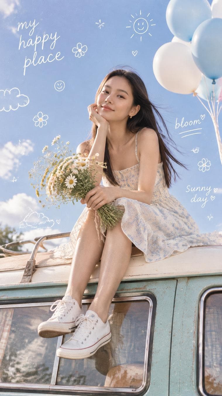 Subject & Action A young girl from uploaded picture with a relaxed, carefree expression sits casually on the roof of a vintage turquoise van, legs dangling off the side. She wears a light pastel summer dress and white sneakers, holding a small bouquet of wildflowers. Her hair and dress fabric are gently caught in a soft breeze. A cluster of pastel blue balloons floats tethered beside her. Composition & Framing Intimate low-angle shot focusing on the upper body and the rooftop section. Large expanse of clear, soft blue sky creates a clean, airy negative space. The composition follows a nostalgic youth diary aesthetic, balancing the subject with whimsical elements. Visual Elements & Doodles Hand-drawn white sketches integrated into the scene, including tiny flowers, smiley faces, stars, hearts, and floating clouds. Handwritten-style text floating in the sky with phrases like my happy place, bloom, and sunny day, styled like a personal diary page. Lighting & Atmosphere Bright natural daylight with soft overexposed highlights and a dreamy bloom effect. Soft, diffused lighting creates a gentle glow across the scene. The atmosphere is peaceful and warm…
