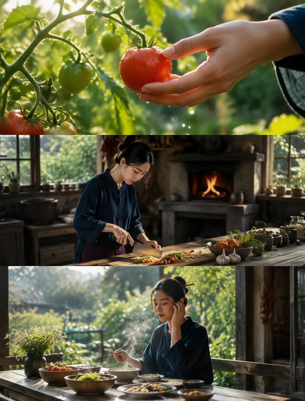 [Style]Modern Rural Aesthetics, Cinematic Commercial quality, shot with Sony A7S3/cinema camera, 4K/8K ultra-clear, Extreme Macro, natural transparent lighting, healing ASMR, no historical costume drama feel.[Scene]A well-maintained modern farmhouse open kitchen, background is a lush vegetable garden, bright sunshine.[Character]Modern Rural Creator, black long hair casually tied up with a wooden hairpin, wearing a dark blue comfortable linen outfit, clear makeup, focused and peaceful eyes.[Shot Details][00:00-00:05] Shot 1: Morning Harvest (The Freshness)Visuals: High-definition close-up. Morning sunlight hits the plants with side backlighting.Action: The Creator's bare hands (long, clean fingers) pick a bright red tomato with glistening dew drops from the vine.Details: Extremely sharp focus, clearly showing the fuzz on the tomato surface and the trajectory of sliding water droplets. Background is blurred high-quality green.[00:05-00:10] Shot 2: Extreme Craftsmanship (The Craft)Visuals: Indoor stove area, full of life but spotless.Action: The Creator is cutting vegetables, movements are skilled and precise (non-performance nature).Details: Macro lens captures the moment the knife blade slices through the ingredients, juice…