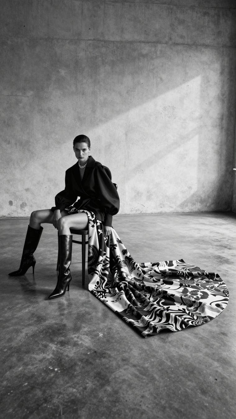Create an ultra-realistic black-and-white high-fashion editorial photograph in a wide cinematic studio composition. The scene features an adult female fashion model seated on a simple dark wooden chair positioned on the far left side of the frame, leaving a large amount of empty negative space on the right.The model has a confident, intense, slightly moody expression and looks directly toward the camera. Her pose is dramatic and sculptural: seated with her torso leaning slightly back and to one side, shoulders angled, head tilted subtly, one leg extended outward to the left, and the other leg bent downward. Her posture should feel elegant, rebellious, and editorial, with elongated body lines and strong fashion attitude.Wardrobe: a dark oversized high-fashion blouse or jacket with voluminous sleeves and soft draped fabric, paired with a bold patterned skirt or long trailing fabric panel. The fabric should fall from the chair and extend across the polished concrete floor toward the center-right of the image, creating a dramatic flowing train. The pattern should be high contrast in black and white, mixing abstract floral, zebra, and botanical motifs. Add tall glossy black leather boots with pointed toes and slight heels. Include a short pearl necklace around the neck for a refined luxury accent.Environment: minimal industrial studio with a raw textured concrete wall and polished concrete floor. The wall should have subtle scratches, plaster texture, stains, and worn surface imperfections. The floor should show faint reflections, scuff marks, and realistic concrete texture. No furniture except the chair. No props except the clothing and chair.Lighting: cinematic monochrome lighting with a bright soft-edged beam of light crossing diagonally across the background and floor from left-center toward the right side. Use soft shadows, gentle tonal gradients, and controlled contrast. The model should be partially lit with dramatic highlights on the boots, face, fabric folds, and pearl necklace. The background should remain minimal and atmospheric.Camera and composition: wide horizontal editorial framing, 16:9…
