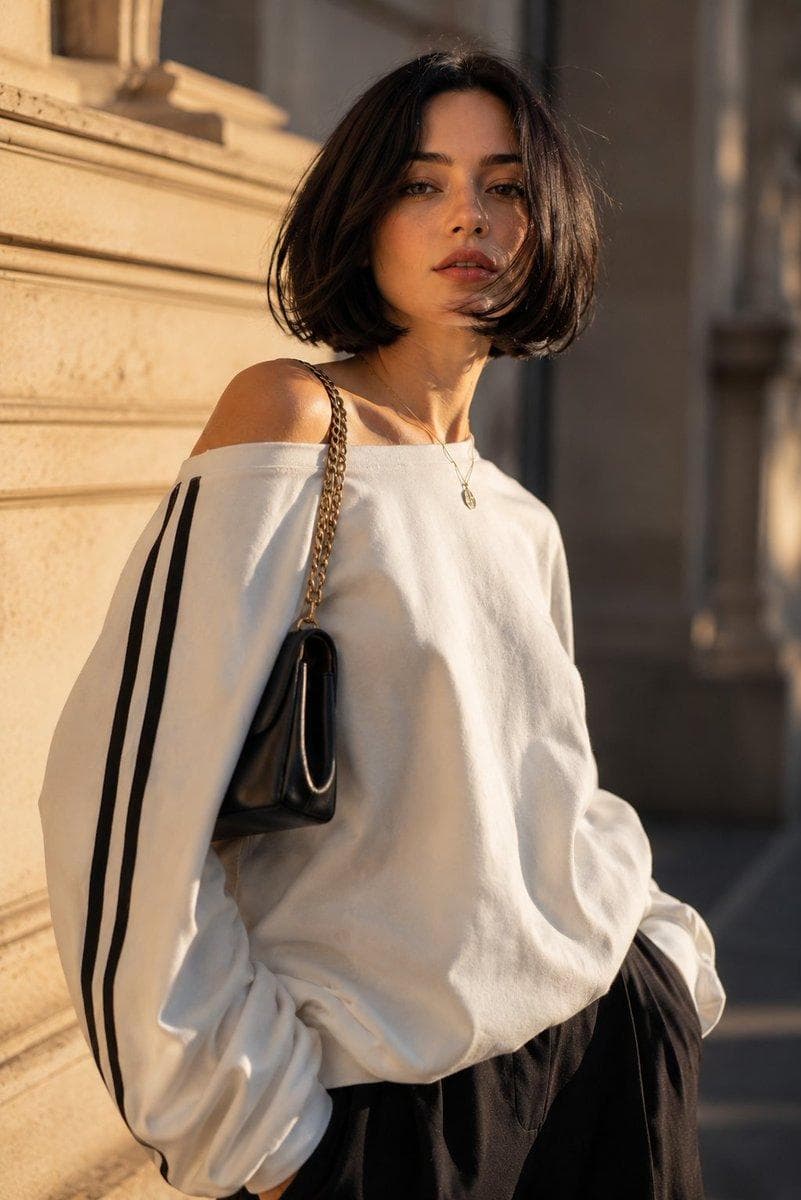 A cinematic portrait of a young woman with a sleek black chin-length bob haircut, flawless porcelain skin, and soft natural glam makeup with rosy blush and glossy lips. She is gazing upward with a dreamy, contemplative expression while warm golden-hour sunlight illuminates her face, creating soft highlights and realistic shadows. She wears an oversized off-shoulder white sweatshirt with three black stripes running down the sleeves and carries a luxurious black leather shoulder bag with a gold chain strap. The background features elegant beige sandstone architecture with a shallow depth of field, giving a sophisticated urban aesthetic. A gentle breeze moves a few strands of her hair across her face. Ultra-realistic photography, editorial fashion shoot, high detail, natural skin texture, 85mm lens, f/1.8, bokeh, HDR, soft warm color grading, premium fashion magazine style, 8K. Prompt: A photorealistic portrait of a young woman with a sleek chin-length black bob haircut, fair skin, and soft natural makeup featuring rosy cheeks, nude pink lips, and defined eyelashes. She is leaning casually against a warm beige textured stone wall during golden hour. She wears an oversized off-white sweatshirt with three black athletic stripes running down the sleeves, styled off one shoulder to reveal her collarbone, paired with loose black pants with one hand in the pocket. Her expression is calm and confident as she gazes directly at the camera. Warm sunlight creates soft highlights on her face and hair, with gentle shadows adding depth. The background is an elegant sandstone wall with a shallow depth of field and creamy bokeh. Cinematic composition, ultra-realistic skin texture, high-end fashion editorial photography, natural colors, 85mm lens, f/1.8, HDR, 8K, highly detailed, sharp focus…