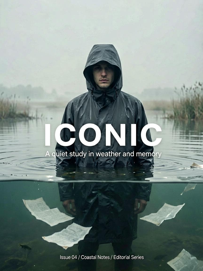 Create a high-end editorial fashion poster with cinematic realism and a quiet, haunting mood. The composition is portrait-oriented with generous negative space and a strong central subject. The image feels like a luxury magazine cover—minimal, bold typography, controlled color grading, and a single surreal conceptual twist. Scene & background (replace completely): Set the scene at a foggy coastal salt marsh at dawn, not open water. The background is a pale overcast sky with soft mist, distant reeds, and a faint horizon line. The atmosphere is damp and cold, with subtle haze and low contrast. No fish, no aquarium feel. Main subject: A lone figure wearing a matte charcoal hooded raincoat stands chest-deep in still marsh water. Only the head and upper shoulders are visible. The hood is large and sculptural, partially shadowing the face. The expression is calm, neutral, and introspective. Waterline cuts horizontally across the frame, perfectly level, with realistic surface tension and tiny ripples. The coat fabric looks wet, with soft highlights and small creases—premium outerwear editorial styling. Surreal element (new concept): Beneath the water surface, instead of fish, show floating paper-like fragments—minimal, pale objects resembling torn journal pages or thin translucent film strips drifting slowly. A few fragments catch light softly, creating quiet visual rhythm. Keep it subtle and elegant, not cluttered. Color grading & lighting: Cool, muted palette: slate gray, deep blue-black, desaturated sea-green, and pale fog-white. Very restrained contrast. Skin tones remain natural but slightly cool. Lighting is diffused dawn light with soft specular reflections on the waterline. No dramatic spotlights. Typography & layout (new text and design): Use a bold, modern condensed sans-serif for the main title, placed centered across the waterline so it bridges both above-water and below-water areas. Main title (all caps): “ICONIC” Small…