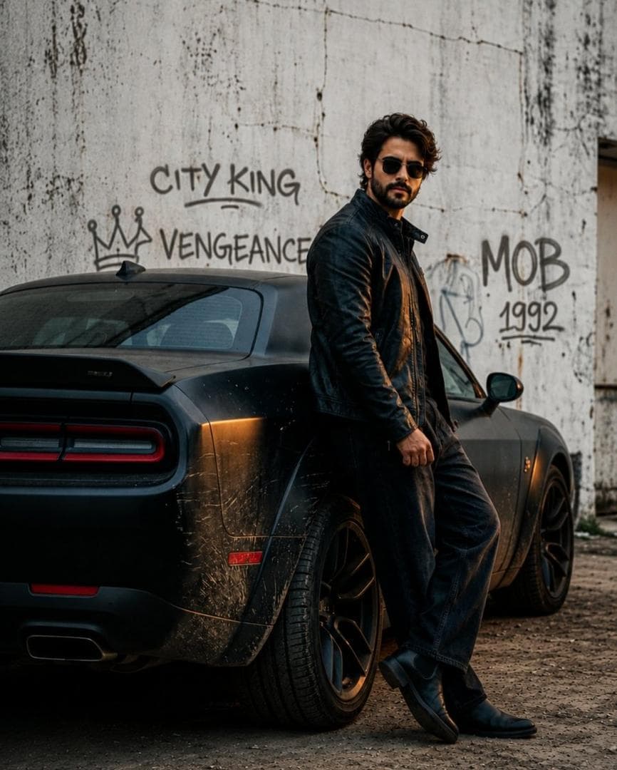 Cinematic hero movie poster, a handsome 32-year-old man, 5ft 9in with a muscular athletic physique and strong mafia vibes, stylish dark hair, intense contemplative expression, piercing eyes, subtle stubble, leaning casually against the rear quarter panel of a dark matte black dusty Dodge Challenger Scat Pack with wide-body kit and heavy road grime, wearing a worn black leather jacket, dark oversized wide-leg jeans, black Square sunglasses and black Chelsea boots, dramatic low-key lighting…