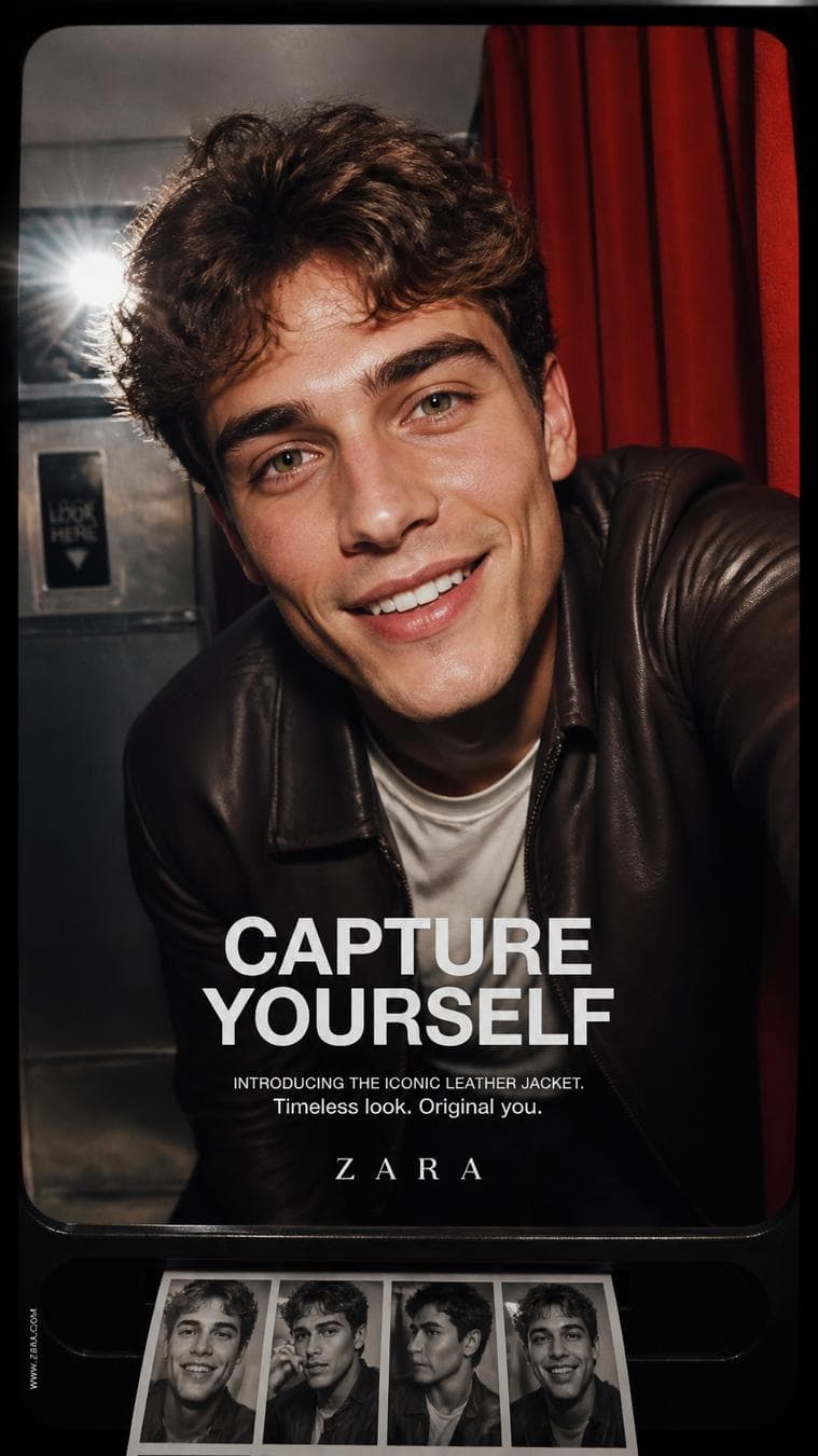 A premium 9:16 fashion advertising poster.Main Subject: A young male model inside a retro photobooth.Camera Angle: Photobooth camera perspective.Pose: Leaning toward the lens. Natural smile. Direct eye contact.Environment: Photobooth curtains. Flash reflections. Printed photo strips emerging below.Typography: "CAPTURE…