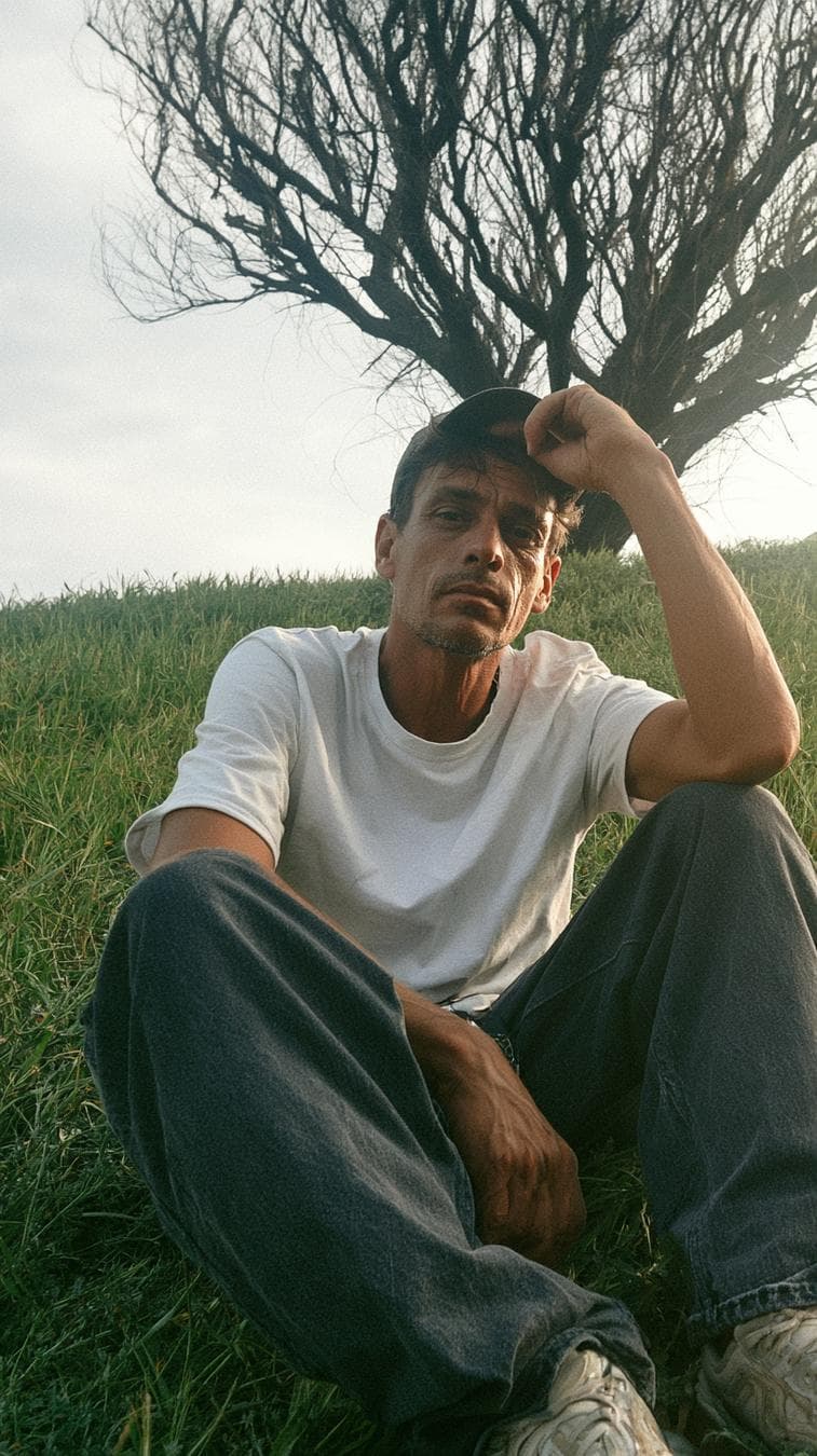 [image1] Photorealistic Nature Fashion Portrait Prompt A photorealistic cinematic vertical portrait of a stylish men the reference photo sitting casually in the middle of a lush, overgrown green grass field on a gentle hillside. He is surrounded by tall, flowing wild grass that creates a natural layered foreground and immersive countryside atmosphere. The men is wearing a crisp white t-shirt with the sleeves casually rolled up, relaxed dark blue loose-fit jeans, clean light-colored sneakers, He wears a stylish wristwatch on one wrist. His pose is relaxed and natural, sitting with his legs apart, one hand resting near his knee while the other hand lightly holds the brim of his cap. His head is turned sideways, looking away from the camera with a calm, thoughtful expression. In the background stands a dramatic large leafless tree with twisting dark branches, creating a striking contrast against the soft pale cloudy sky. The rolling green landscape, wild grass, and solitary tree create a peaceful, cinematic, slightly melancholic mood. Soft natural daylight, muted warm tones, realistic shadows, gentle atmospheric haze, detailed grass texture moving naturally in the breeze, realistic fabric folds, natural skin texture, shallow depth of field, DSLR photography, cinematic color grading, premium editorial photography, ultra-realistic, highly detailed, natural human proportions, vertical composition, 9:16 aspect ratio. Use the uploaded reference face as the…