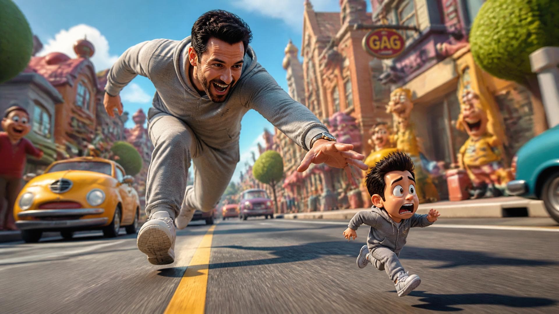The photorealistic character from the reference image is sprinting at maximum speed, leaning forward with an ecstatic, joyful laugh while wearing the exact same real-world outfit shown in the reference image. He reaches one hand toward a tiny 3D Pixar-style version of himself, a stylized CGI toy-like miniature with an exaggerated comical expression of panic, frantically running ahead on tiny animated legs across a colorful cartoon-style city street. The entire environment is rendered in a charming, highly detailed 3D CGI animated style reminiscent of a Pixar movie, featuring playful cartoon buildings, rounded animated cars, cheerful cartoon pedestrians, and richly textured CGI surfaces that create a striking contrast with the realistic human character. Captured as a dynamic action shot with a low-angle camera tracking at knee level, the composition emphasizes speed and the dramatic difference in scale while blending live-action photorealism for the main character with premium 3D CGI animation for the environment and miniature, creating a seamless hybrid visual style…