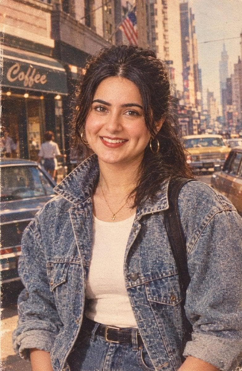 Transform my uploaded photo into a realistic authentic 1980s photograph. Keep my exact face, facial features, identity, skin tone, body proportions, and natural expression unchanged. Style me like a fashionable young woman from the United States in the mid to late 1980s. Give me authentic 80s American fashion: high-waisted denim, oversized vintage jacket, fitted top, classic sneakers or ankle boots, simple gold accessories, and natural 80s-inspired hair with soft volume. Place me in a stylish American setting from the 1980s, such as a classic American street, retro diner, vintage shopping area, or suburban neighborhood. Include period-accurate cars, storefronts, signage, architecture, and subtle background details that genuinely look like 1980s America. Make the photograph look like it was actually taken in the 1980s on a Kodak film camera. Use realistic analog film grain, soft flash photography, slightly warm faded colors, natural…