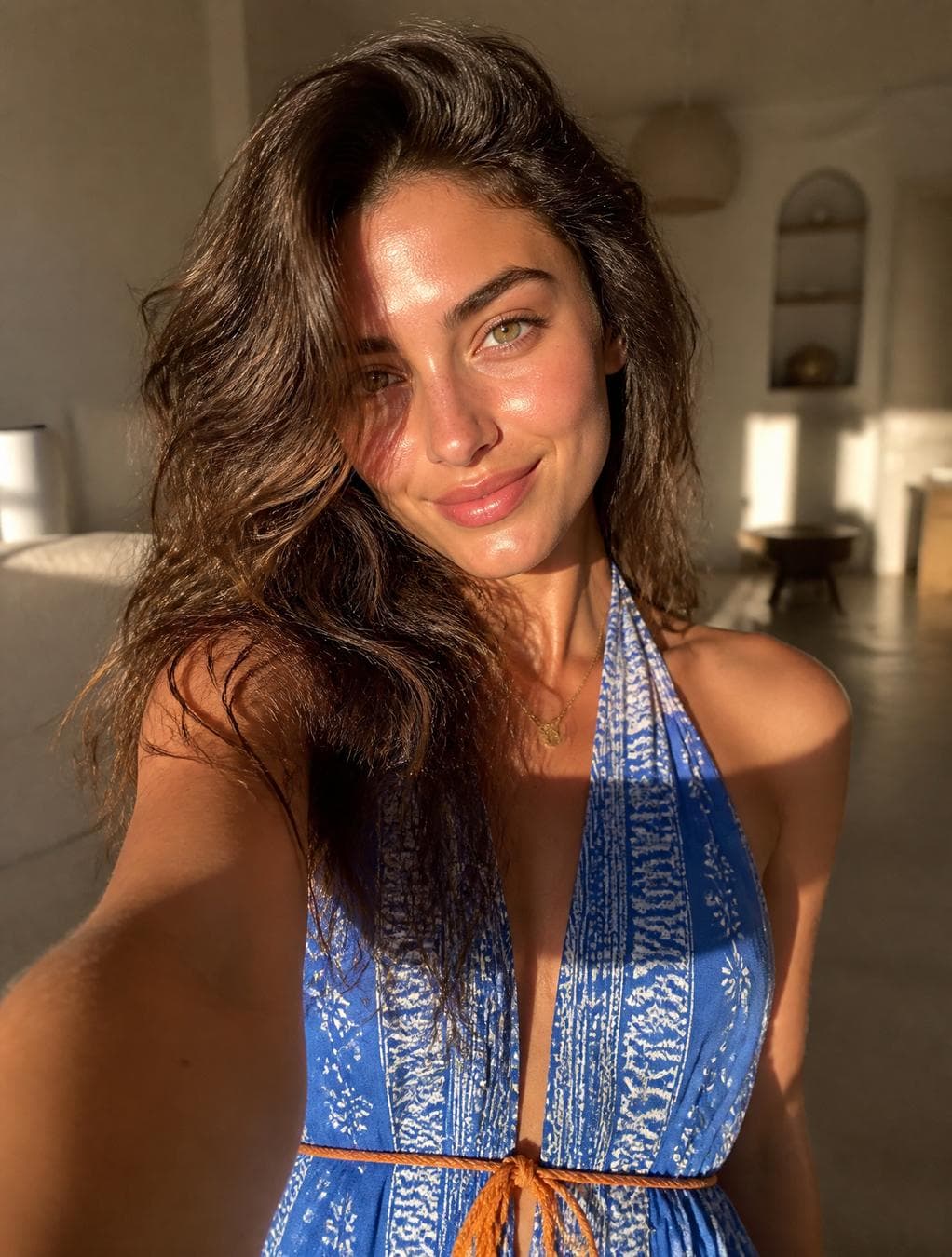 A young woman with voluminous, tousled brunette hair takes a selfie, her face illuminated by warm, directional golden hour sunlight that creates subtle subsurface scattering on her skin. She wears a vibrant blue patterned halter dress with intricate white geometric motifs and an orange cord belt, providing a high-contrast focal point against the soft, neutral-toned interior background. The lighting highlights the fine texture of her hair and the natural moisture on her lips, while a shallow depth of field gently blurs the minimalist room behind her. The composition is intimate and direct, with soft shadows defining her facial features and the delicate metallic glint of a small pendant necklace catching the ambient light, emphasizing a natural, sun-drenched aesthetic. * **Style:**…