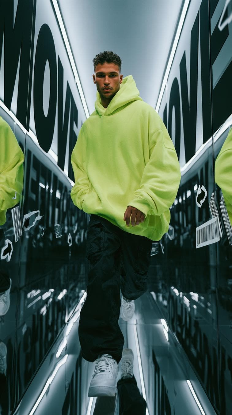 Create a premium vertical 9:16 streetwear editorial advertising poster with the polished visual language of a high-end fashion campaign. Subject and styling A young male model strides confidently toward the camera through a narrow corridor lined with full-height mirrors. Capture him mid-step, shoulders relaxed, posture assured, eyes directly locked on the lens. He wears an oversized neon-lime hoodie, black baggy trousers, and clean white sneakers. Preserve natural anatomy, realistic fabric drape, and a distinct, clearly readable primary figure. Composition and camera Low-angle tracking-shot perspective from knee height, using a 28mm lens. Strong central vanishing point and symmetrical corridor geometry draw the eye through the frame. The model dominates the foreground while repeating mirror reflections create layered depth and rhythm. Keep the primary figure crisp and easy to distinguish; reflections may repeat him naturally without obscuring his face or producing confusing duplicate limbs. Compose with a striking magazine-cover hierarchy and generous visual impact. Typography and graphic design Display the exact phrase “MOVE DIFFERENT” in huge, bold, condensed sans-serif lettering. Integrate the typography across the corridor walls so that letters recede in perspective and are partially interrupted by mirror edges and reflections, while keeping the full phrase legible. Add minimal sticker graphics, narrow barcode strips, subtle motion arrows, and restrained paper-cut textures as supporting details. Maintain a deliberate editorial grid and clear hierarchy; avoid any additional readable copy. Lighting and atmosphere Bright commercial fashion lighting with crisp, controlled highlights on the mirror…