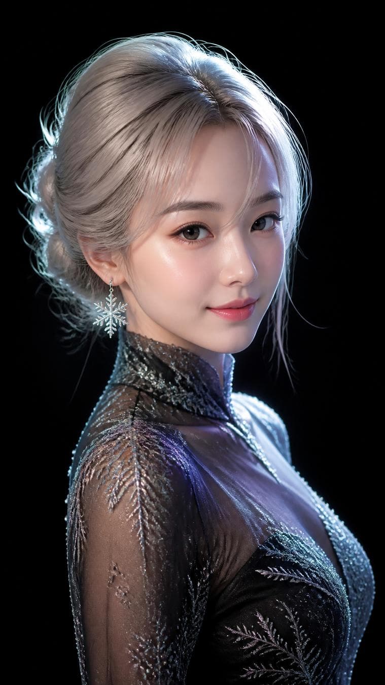 Subject and Action A refined digital portrait of a woman with a sophisticated platinum blonde updo, her expression serene with a soft, steady gaze directed toward the viewer. She is wearing a sheer, crystalline-black gown featuring intricate, frost-like embroidery and delicate glitter particles that shimmer under light. A single, elegant snowflake earring adorns her ear, catching subtle reflections. Composition and Framing Medium close-up bust shot, captured from an eye-level angle. The composition is clean and minimalist, set against a stark, solid black background that provides high contrast and isolates the subject. The framing emphasizes a graceful side-profile tilt, focusing on the refined silhouette of the model. Lighting and Atmosphere Soft studio directional lighting with a cool color temperature. Volumetric rim lighting defines the edges of her hair and gown, while soft key lighting highlights the subsurface scattering on her porcelain skin. The overall atmosphere is ethereal and high-fantasy, characterized by polished, smooth gradients and a cool-toned, crystalline color palette. Visual Style High-end digital illustration in a semi-realistic fantasy art…