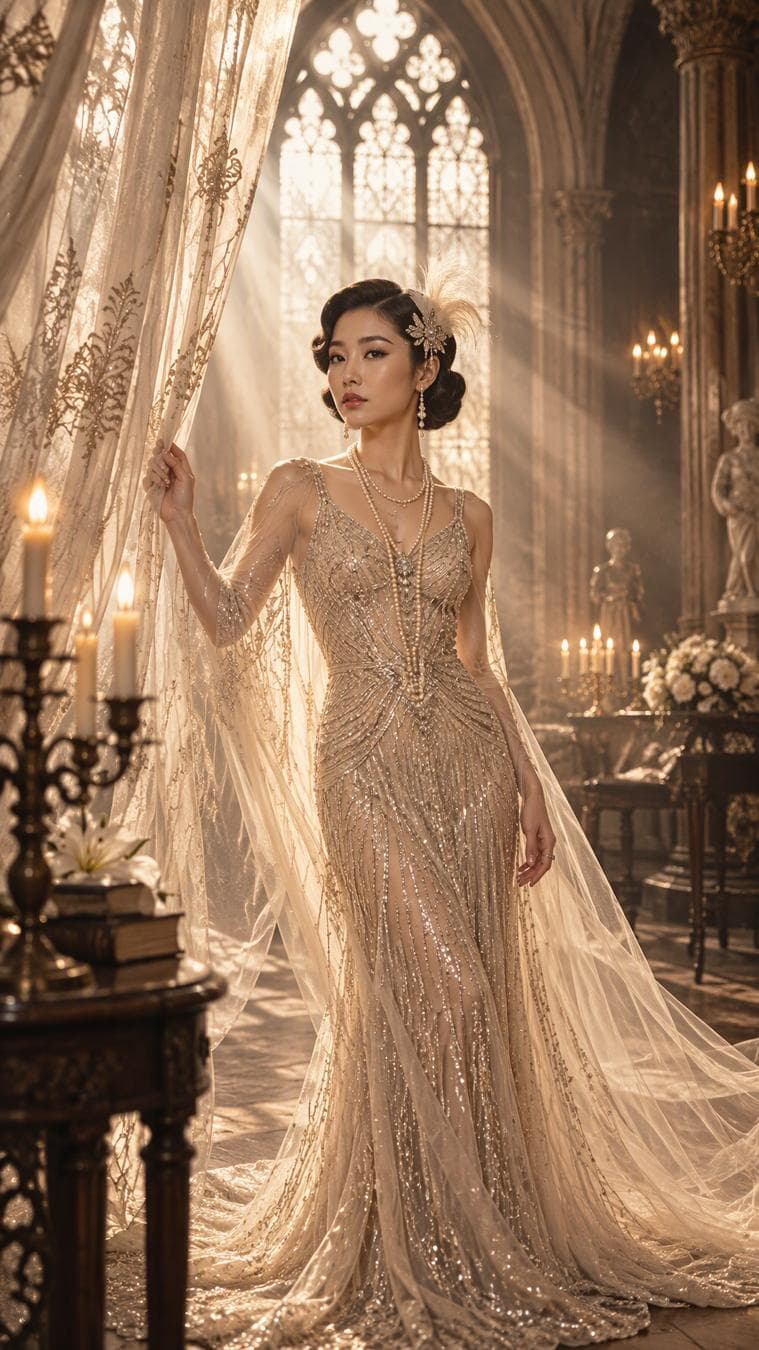 Please generate an ultra-high budget wedding photo in "Gatsby Style/1920s Art Deco Style" based on the clear life photos uploaded. Please strictly retain the true identity characteristics of the two people, including face shape, ratio of facial features, eyes, nose, lips, skin color, sense of age, hairline, hairstyle foundation and overall temperament. The generated results must clearly appear to be the same real couple/newlyweds, cannot become strangers, cannot be over-European and American, cannot become Internet celebrities, and cannot appear obvious artificial AI faces. Please only use the uploaded photos as identity references, and do not retain the background, clothing, posture, light and scenes from the original life photos. Please recreate a brand new wedding blockbuster. The overall style is not an ordinary luxury wedding photo, but: 1920s Gatsby bridal editorial, Art Deco luxury retro wedding dress blockbuster, film-level sets, magazine-level films, with Gothic arched window interior scenes, old Hollywood glamour, mysterious, expensive, dramatic, exquisite, and ultra-high budget. The overall situation is like a high-concept plan of a top wedding studio, rather than an ordinary studio style. Please reconstruct the scene style around the reference map: Tall European/Gothic arches and arched windows, strong window light, classical wooden tables and chairs, retro candlesticks, books, gauze, local smoke, crystal chandeliers, a small amount of antique decoration, dark wood floors. The space should have a sense of depth and stage, but not turn into an overly complex palace or modern mansion. The scene is exquisite, restrained and unified. Bridal style is the key: Please clearly make it look like a 1920s Gatsby bride. The wedding dress is a high-fixed sequined slim dress in champagne gold, silver gold or pearl champagne color, with fine beaded texture, slender fish tail or straight line silhouette, paired with dramatic gauze curtains, light gauze trailing, exaggerated organza sleeves or laminated sleeves. Jewelry includes pearl necklaces, pendant earrings, forehead ornaments/retro headdress/ feather headpiece / jeweled headband, etc., which is exquisite and expensive overall. If the user originally has long hair, please do not directly retain the modern long hair effect. Please make a retro look closer to the 1920s while retaining your own recognition: - Faux bob - pinned bob / tucked long hair - finger waves - sculpted side-parted waves - The hair is sent and received at a low position or curled in curls, and the length is visually compressed into the outline of a short hair in the 1920s - Enhance the Gatsby feel with retro forehead ornaments, feathers, and jewelry hair accessories If the user himself has short hair, he should also make a clearer 1920s finger push ripple/bob texture. Avoid modern daily long curly hair or ordinary long shawl hair. Groom style: Black, extremely dark carbon black or late night blue high-end dress/ tuxedo, white shirt, black bow tie or formal bow tie, brooch details to restrain high-end. The overall situation is straight, calm and noble, with the temperament of old money and old Hollywood male protagonists. Light and shadow are the core of the whole set of pictures. Please strictly refer to the example picture: The main light source must be the strong backlight or side backlight injected into the arch window, forming a visible beam, contour light and dramatic contrast between light and dark; the auxiliary light comes from candlelight and ambient warm light, and only partially supplements; there can be a small amount of haze / smoke to make the light more layered. The overall lighting should be movie-level high-contrast lighting, no uniform large flat light, no soft light in ordinary luxury houses, and no strange white highlights. Some lenses allow slightly controllable lens flare, but it must be reasonable, restrained, and from real strong light, and not random glare. Please enhance the texture of realistic photography: Real skin texture, moderately soft but no plastic peeling; real dress weight, gauze curtain texture, jewelry reflection and candlelight details; no 3D rendering, no over-sharpening, no fake CG, no game modeling. The whole thing should be like wedding photos taken in real studios and physical scenes. Please pay special attention to the natural and realistic proportion of the character's face and body. Both people must maintain true adult proportions, and the head size, shoulder width, neck length, arm length, palm size, body contact and perspective relationship must be naturally coordinated. Don't have too big face, too small head, too long neck, distorted body, wrong fingers, body fusion, splicing or wearing problems. Please especially enhance the interaction and sense of relationship between two people, not just standing together. There should be a clear emotional flow between two people: - attract - attachment - Guardian - tacit understanding…