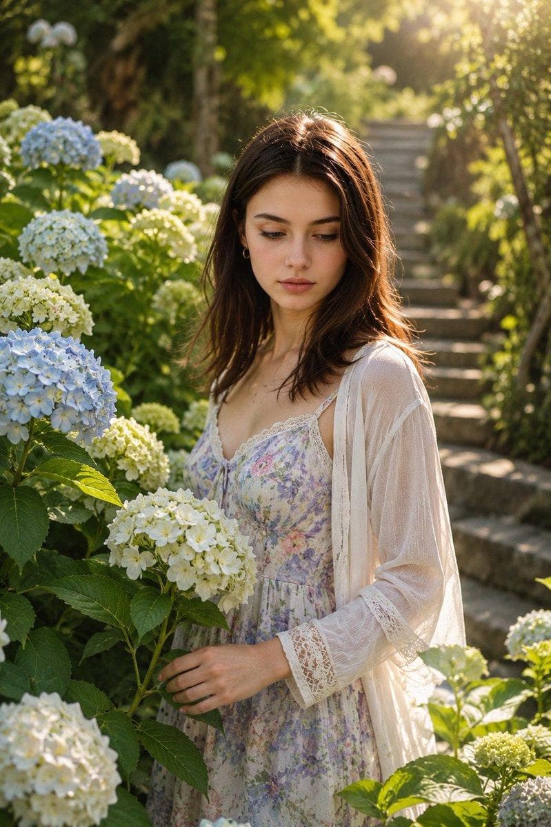 Ultra-realistic cinematic portrait using the uploaded reference photo as the ONLY face source, preserving exact facial features, skin tone, and identity with absolute precision (100% face match — no changes). Ultra-realistic cinematic portrait of a young woman standing gracefully among lush blooming hydrangea bushes in a sunlit botanical garden during golden morning light. The composition is a vertical fashion-photography frame captured from a slightly elevated eye-level angle, creating a soft candid atmosphere. The woman is positioned slightly off-center, partially hidden behind large green hydrangea leaves and clusters of white and pale blue blossoms. She stands with a gentle relaxed posture, shoulders naturally lowered, body turned approximately 20 degrees toward the camera while her head is slightly tilted downward and subtly angled to her left. Her gaze is directed downward toward the flowers instead of looking into the lens, creating a dreamy, shy, contemplative hand delicately holds a hydrangea stem at waist level, fingers softly curved around the stem without tension. The other arm rests naturally beside her body, partially concealed by flowers and foliage. Her expression is calm and innocent, with relaxed lips and a subtle thoughtful look. She has long, straight dark brown hair cascading over both shoulders, illuminated by warm sunlight that creates natural highlights.She wears a delicate pastel floral dress with soft watercolor tones of lavender, blue, mint, and blush pink, featuring lace trim details and a romantic cottagecore aesthetic. A sheer white lightweight cardigan drapes loosely over her shoulders and arms, adding softness and movement. The environment features dense hydrangea bushes in the foreground, creating layered depth and natural framing around the subject. Behind her, a winding stone staircase softly disappears into the background among trees and greenery. Sunlight filters through the…