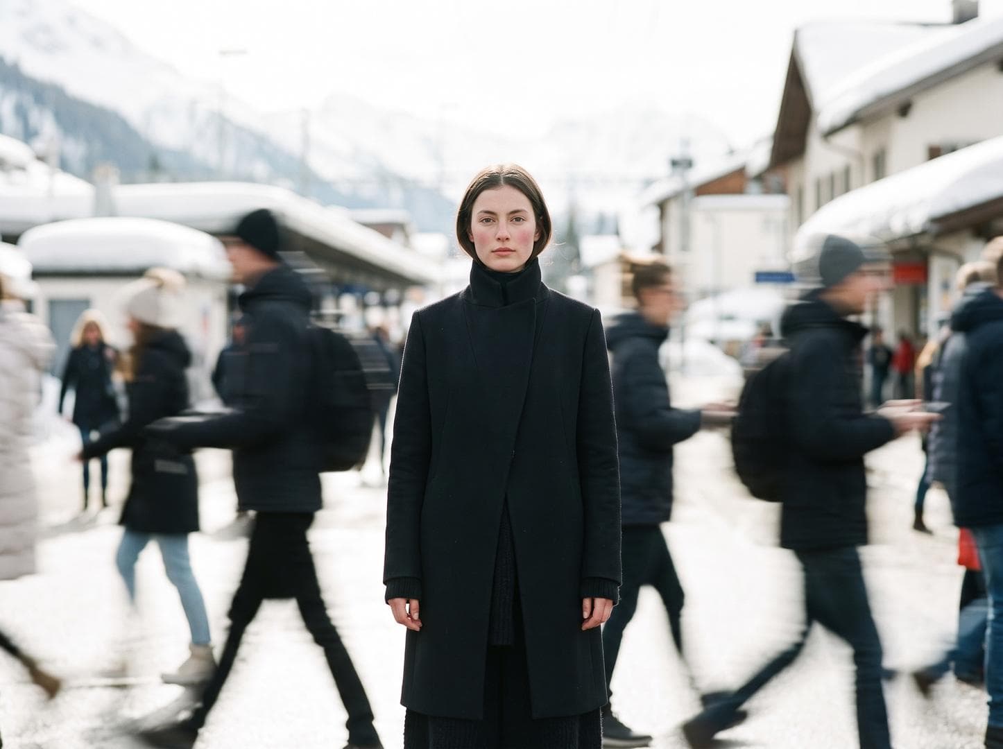 A high fashion magazine pictorial of an Alpine-looking woman in her early 20s who stands still, looking at the camera, turning her head in the center, surrounded by a blurry silhouette of people passing by. She has a calm, stoic look on her face and is wearing a black minimalist outfit. The background is clean, bright and slightly abstract, and emphasizes…