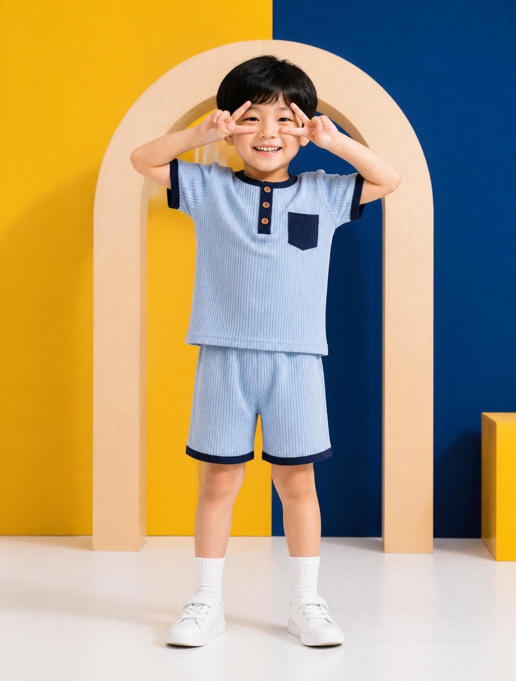 A young East Asian boy with a joyful expression stands centered, his hands raised to form V-signs over his eyes in a playful pose. He wears a pastel blue ribbed cotton two-piece outfit featuring dark navy accents and small brown buttons, standing against a geometric background of vibrant yellow and deep blue rectangular panels. A minimalist light-wood arch prop sits directly behind him, providing a clean architectural frame. The scene is illuminated by soft, high-key studio lighting that eliminates harsh shadows and emphasizes the subtle vertical texture of the fabric. The composition is bright and commercial, utilizing a clean, color-blocked aesthetic that highlights the child’s cheerful demeanor while maintaining sharp focus throughout the entire…