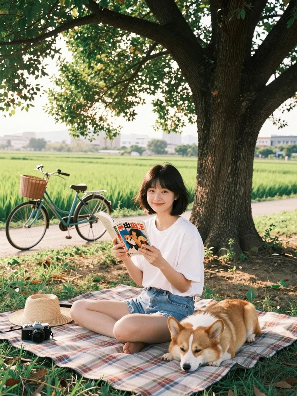 A cinematic 35mm film photography shot of a beautiful 19-year-old East Asian girl sitting on a plaid picnic blanket under a giant, majestic solitary tree. She has a short layered black bob haircut with wispy bangs, soft round face, and realistic skin texture. She is wearing an oversized white t-shirt and vintage denim shorts. She is holding a closed Japanese comic book, showing the colorful front cover artwork clearly to the camera. She is smiling peacefully. A fluffy Corgi dog is sleeping comfortably next to her. Next to them on the blanket are a straw hat and a vintage film camera. In the background, a vintage Japanese bicycle with a wicker basket is parked on a dirt path, surrounded by vast, lush green rice fields. Intense warm golden hour sunlight filtering through the dense tree leaves, creating sunbeams and dreamy lens flare. Kodak Portra 400…