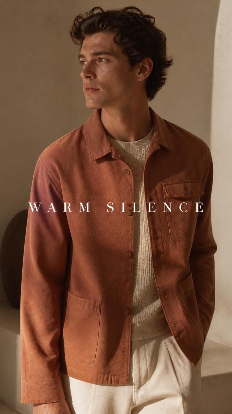 Luxury editorial campaign.Main Subject: Young male model wearing a muted clay overshirt.Creative Direction: Soft reflected sunlight appears to bounce gently upward from the floor creating luxurious skin…