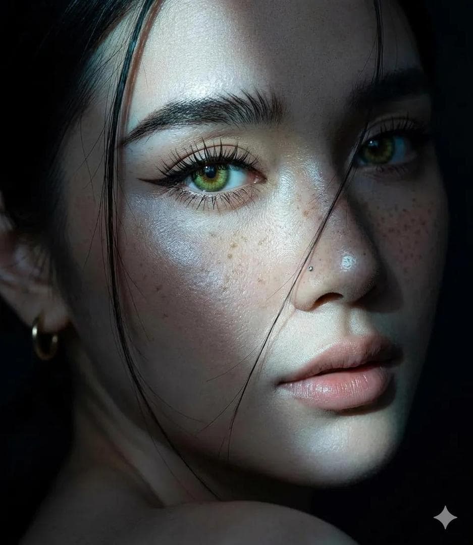 Create an extreme close-up portrait of a beautiful young woman who is turning her head toward the camera, as if looking back over her shoulder. She has bright green or hazel eyes that are sharp and captivating, with long, curled eyelashes. Her eyebrows are thick, dark, and naturally textured, and she wears very sharp winged eyeliner. She has a small silver nose piercing on one side only. Her skin is fair with natural freckles clearly visible across her nose and cheeks, and the skin texture should look realistic and smooth. Her lips are full and have a natural nude pink color. Her hair is dark, either black or dark brown, with a few loose strands intentionally falling across her face. She is wearing small gold hoop earrings. The lighting is the most important element, using a dramatic slit lighting or…