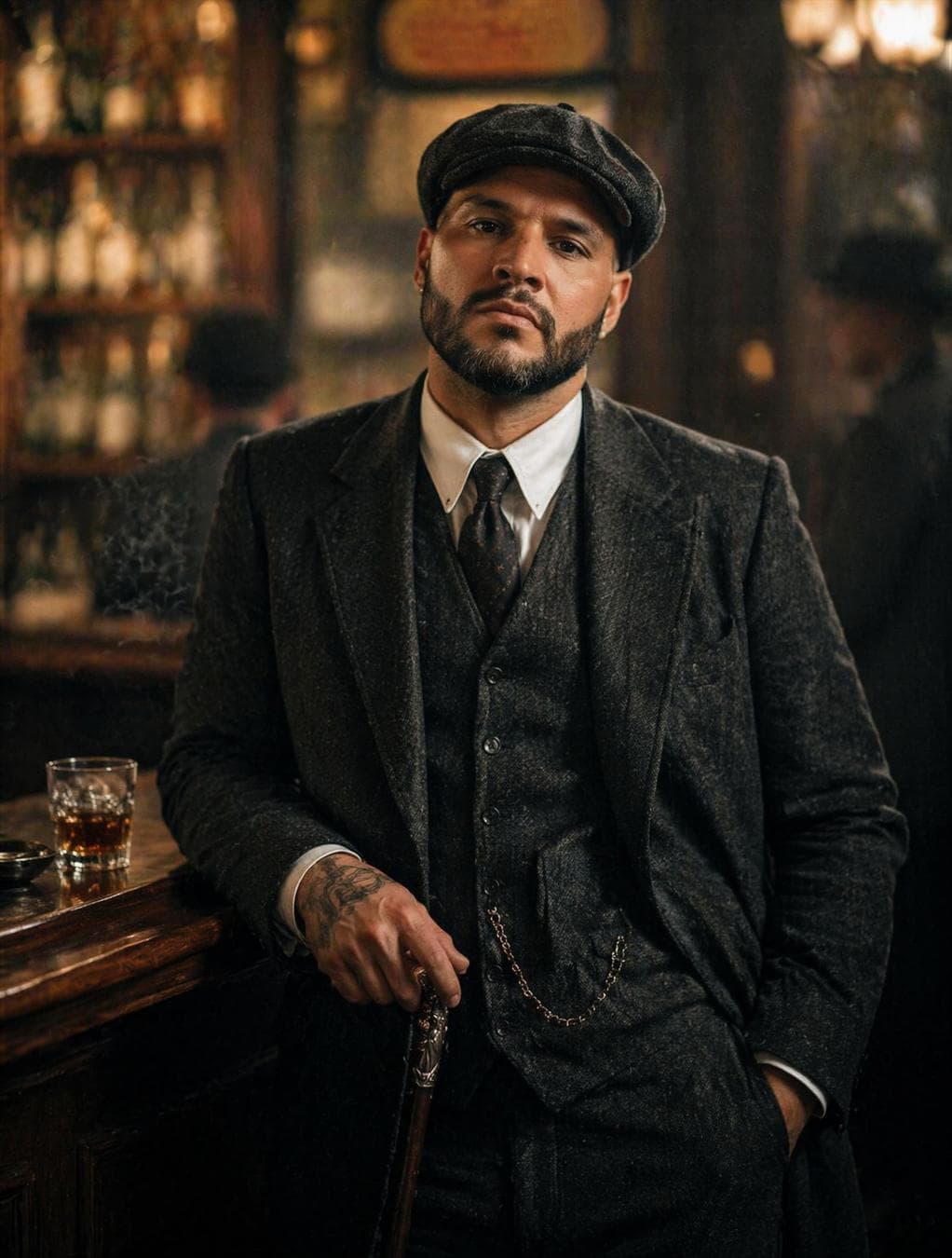 A hyper-realistic cinematic 3:4 vertical half-body portrait of a young man with the exact face from reference image, leaning casually against a 1920s smoky bar table, holding a vintage walking cane. He wears Peaky Blinders-inspired attire-tailored wool three-piece suit, waistcoat, tie, and flat cap. Head slightly down, eyes locked on camera with an intense, confident stare. Warm, ambient lighting casts…