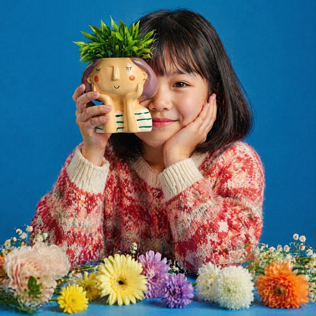 A cute young girl with short black hair and bangs smiling while holding a cute planter covering one eye, resting her cheek on her hand, wearing a cozy red and beige patterned winter sweater. The background and table are solid bright blue . Several flowes are placed on the table in front of her. Soft studio lighting, vibrant colors, commercial food…