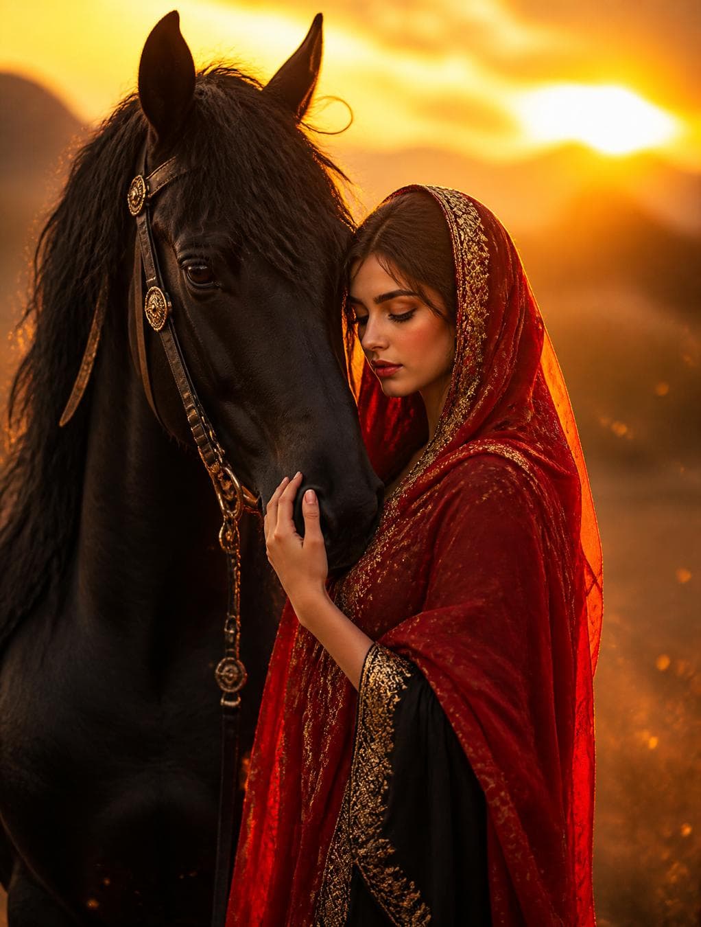 A stunningly beautiful woman with a delicate face and fair skin stands in a field, wrapped in a bright red veil with intricate gold embroidery around the edges and wearing a long, black dress with sleeves that reach below the elbows, her hand gently resting on the muzzle of a majestic black stallion. The horse's dark, silky coat catches the intense golden light of the sunset, creating a sharp silhouette against the backdrop of a fiery, atmospheric sunset. Volumetric rays of light penetrate the misty air, catching embers or drifting dust in the middle ground, while the horse's flowing mane blends seamlessly into the dark horizon. The composition emphasizes the tactile contrast between the soft, fabric texture of the red shawl and the horse's smooth, muscular anatomy, all unified by a warm…