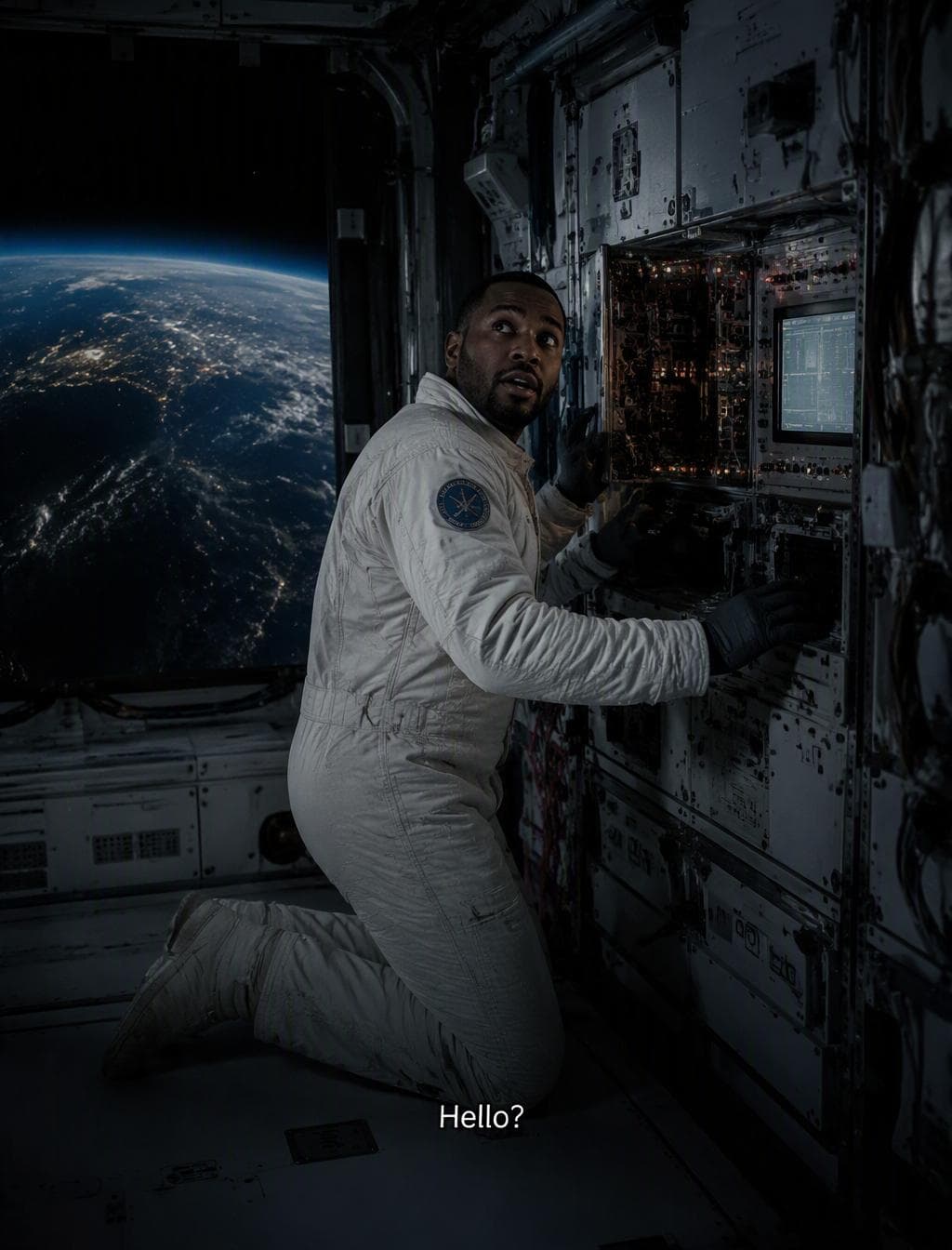 Static. Wide shot inside a dimly lit space station orbiting Earth. An astronaut repairs a control panel silently, abruptly stops sensing faint noise, and…