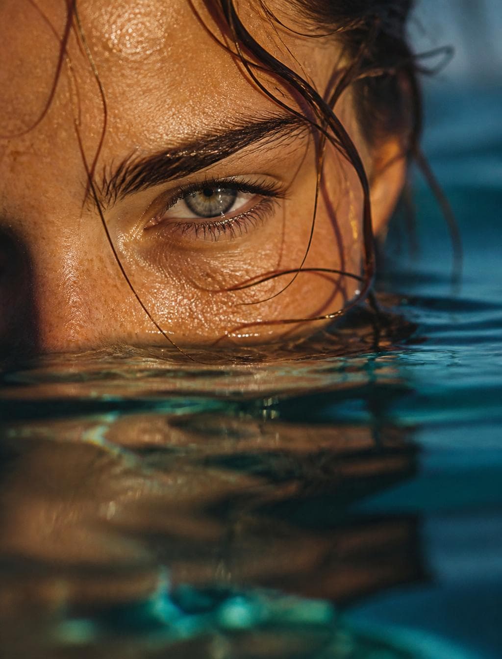 Use images 1–3 as identity references for the same person (face shape, eyes, nose, mouth, skin tone, hairstyle). Generate a new image of this same person. Scene: Extreme close-up portrait, half of the face submerged in the sea, water line cutting across just below the eyes/cheekbone. Only one eye and part of the face visible above the waterline, wet hair floating/hanging in strands on the water surface. Piercing direct gaze straight into camera, calm and intense. Skin glistening with water droplets, fine natural freckles visible across nose and cheek. Sunlit golden-warm skin tone above water contrasted with cool teal-blue sea below the waterline, gentle ripples and reflections on the water surface. Angle: extreme close-up, camera at water level, framing cropped tightly on one eye and the bridge of the nose, face turned slightly toward camera. Camera: shot on Canon EOS R5 or Sony A7R IV, 100mm macro f/2.8 lens, extremely shallow depth of field — eye and eyebrow area in razor-sharp focus, water ripples in foreground softly blurred. Bright warm sunlight from above/side creating highlights on wet skin and water droplets, golden-hour tone above water, cool blue-teal tone in the water. High detail: water droplets, individual eyelashes, skin texture and…
