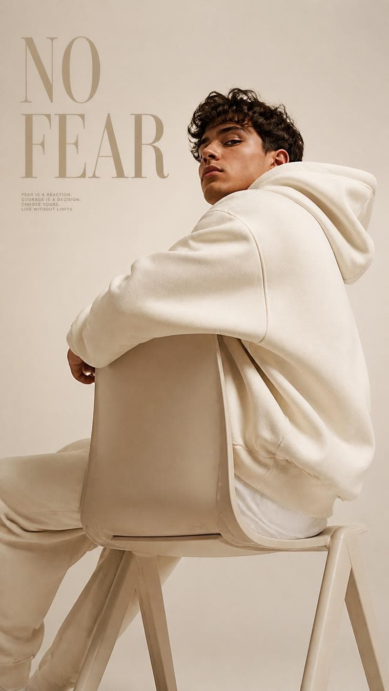 Premium fashion editorial. Main Subject: Young male model wearing an oversized ivory hoodie. Pose: Sitting backwards on a modern chair. Camera: Low side angle…
