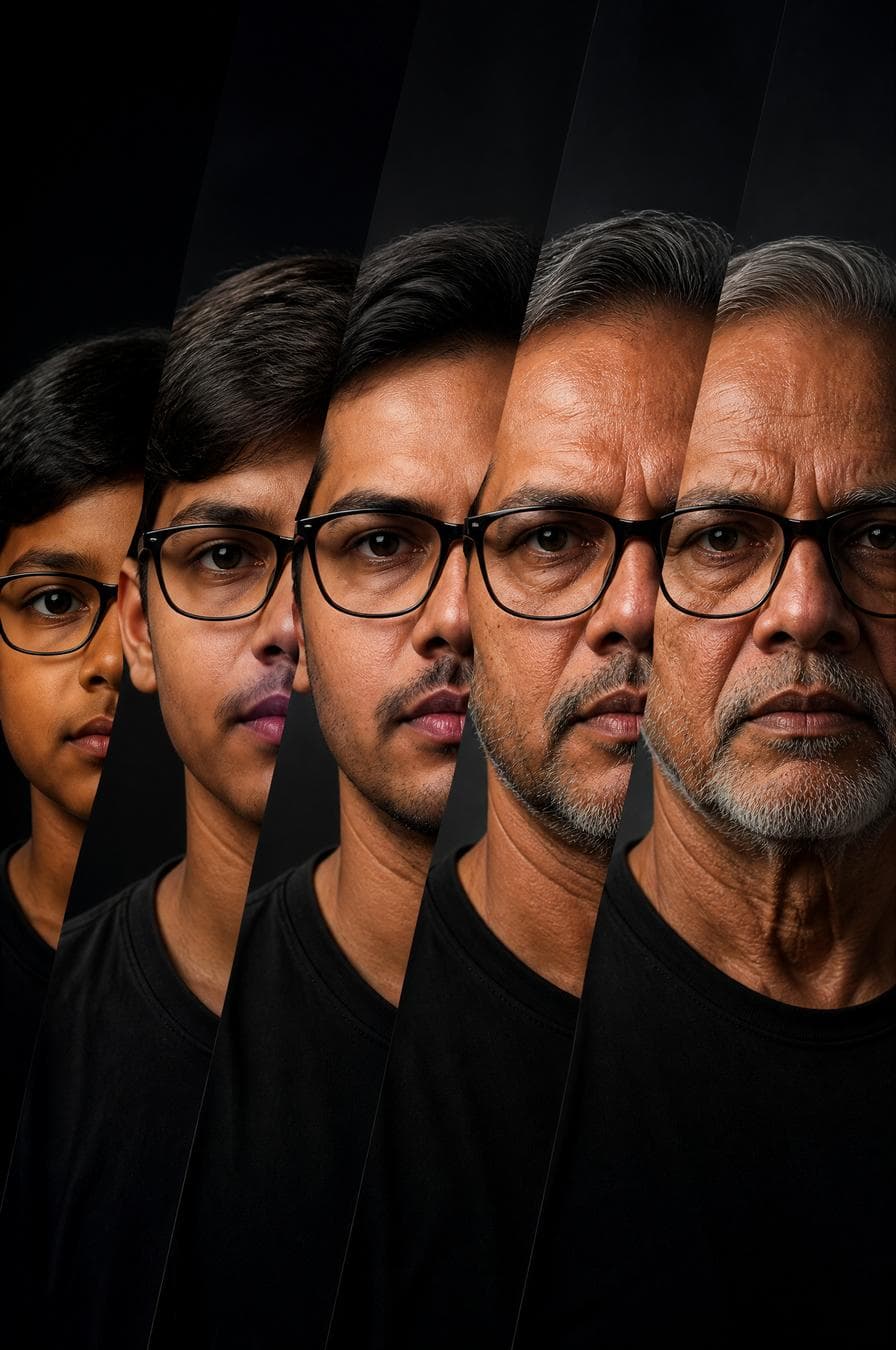 Ultra-realistic cinematic portrait, same composition as reference image, five diagonal vertical slices showing the same man's face evolving from child to teenager, young adult, middle-aged, and elderly, seamless facial progression, black t-shirt, dark studio background, dramatic soft lighting, detailed skin texture…